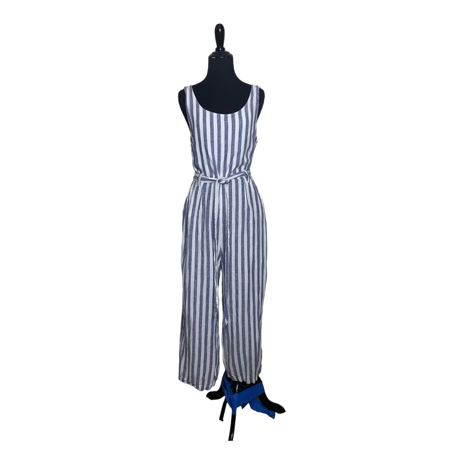 Rachel Zoe RACHEL ZOE Blue Linen Striped cropped Jumpsuit size 4 Size 27" / US 4 / IT 40 - 13 Thumbnail