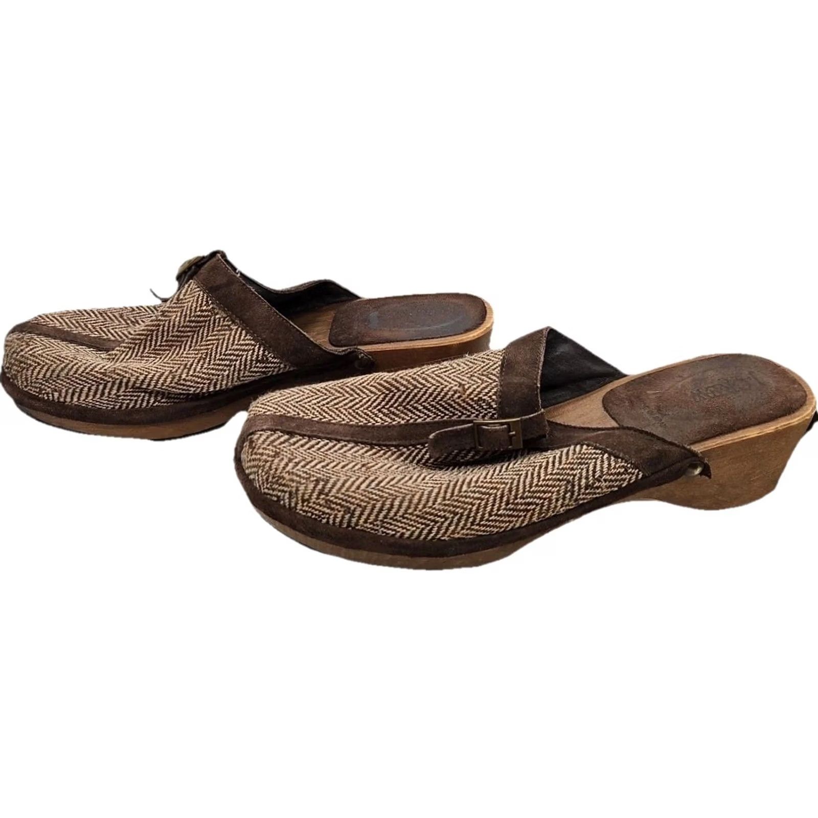 Vintage J Crew Womens 8 Tweed Clogs Wood Sole Leather Trim Herringbone Slip On Mule Slide Bohemian Comfort Classic Womens Shoes Size ONE SIZE - 4 Thumbnail