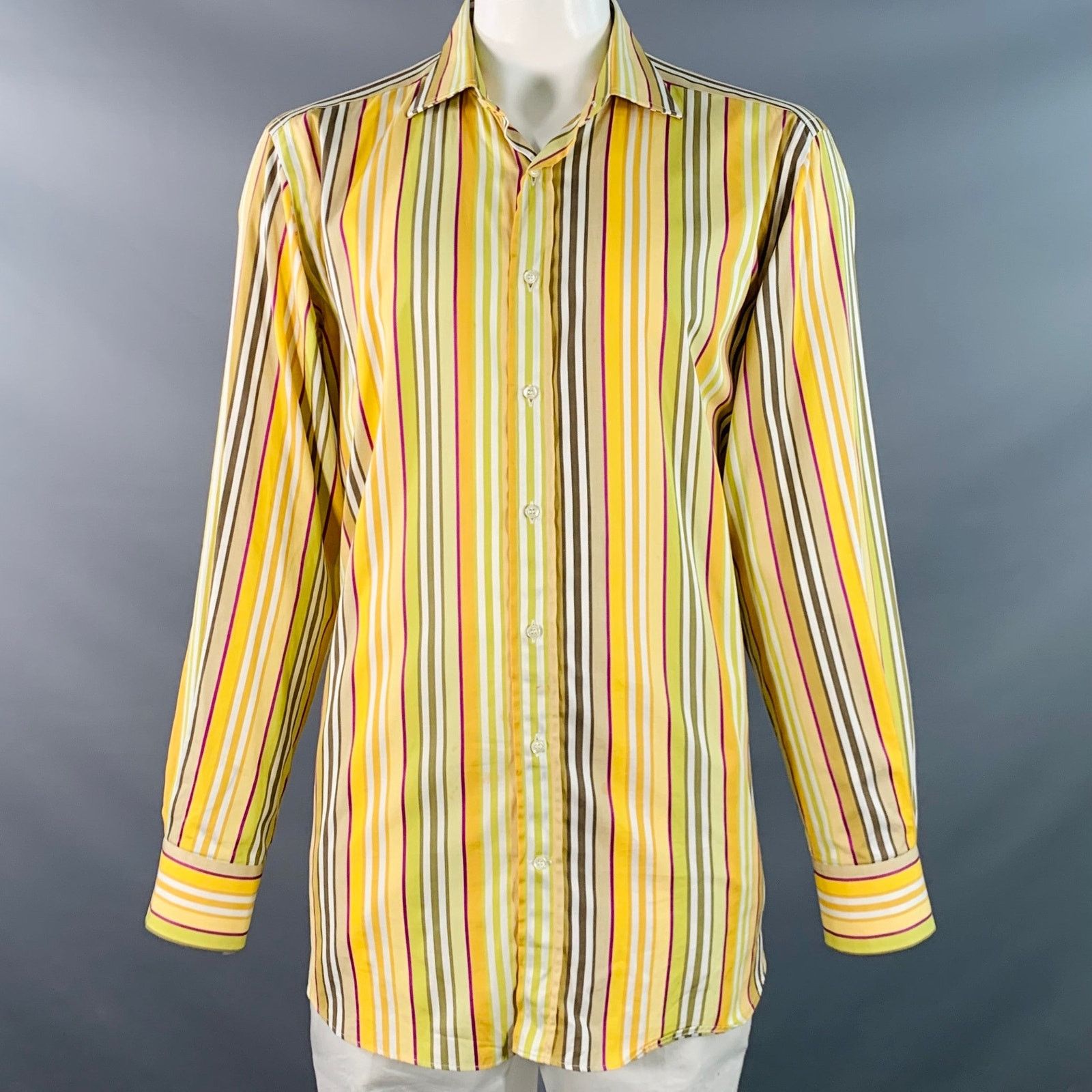 Etro ETRO Yellow Green White Stripe Cotton Curved Cutaway Shirt Size US XL / EU 56 / 4 - 1 Thumbnail