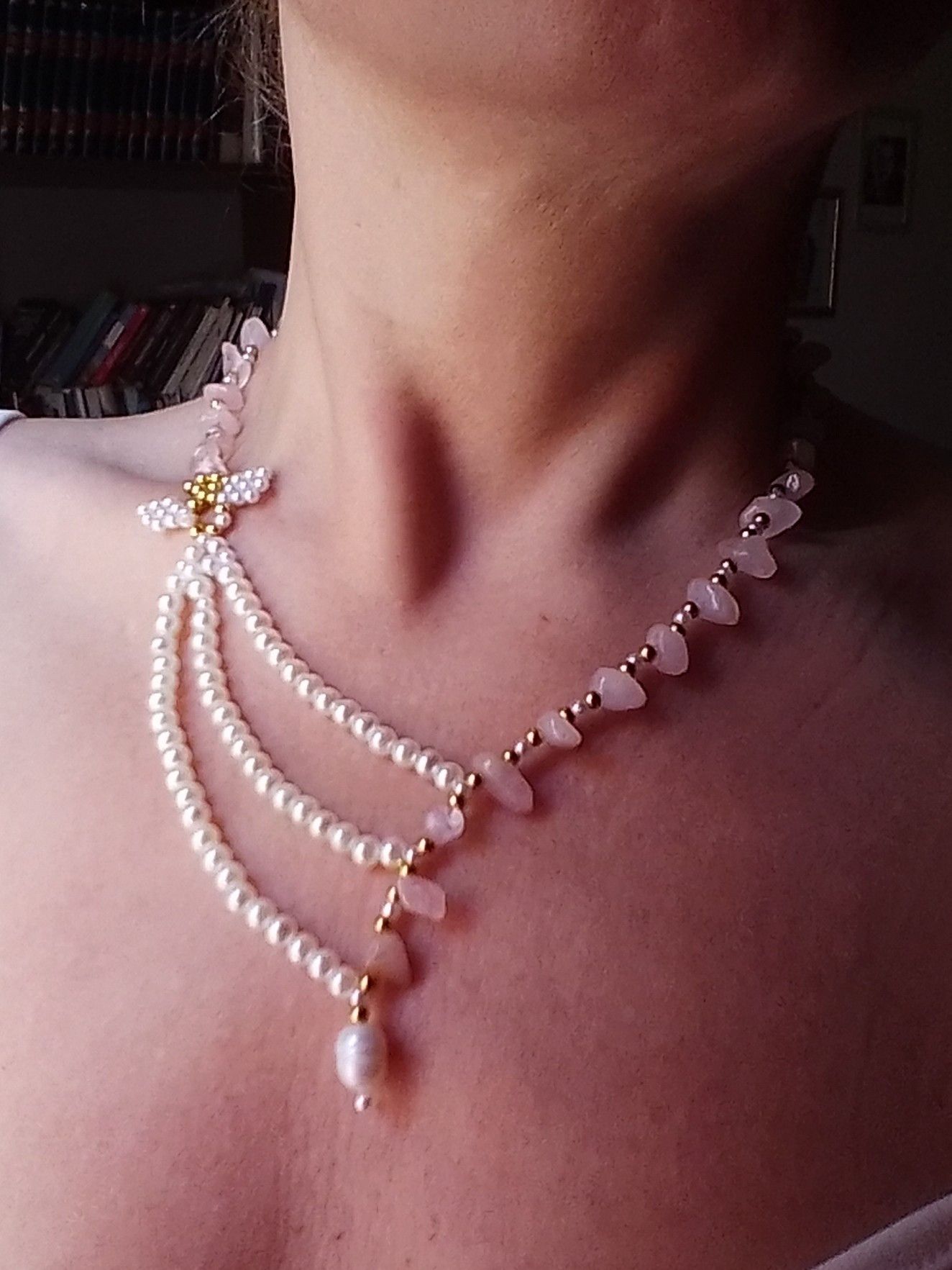 Handmade Necklace Rose Quartz Pearls Elegant Multi thread Size ONE SIZE - 3 Thumbnail