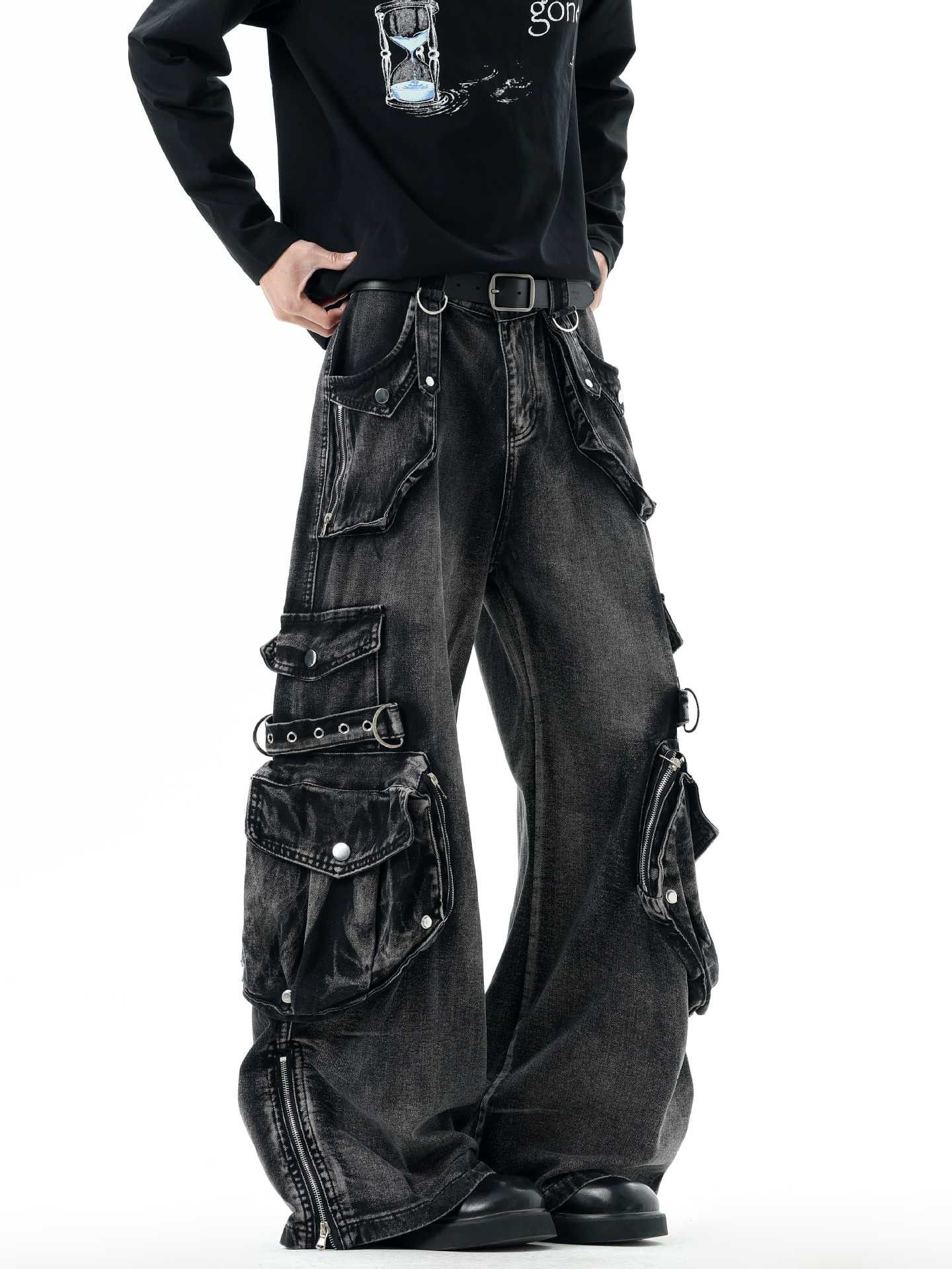 Japanese Brand Black Wide Leg Cargo Denim Pants, Baggy Cargo Jeans Size US 28 / EU 44 - 10 Thumbnail