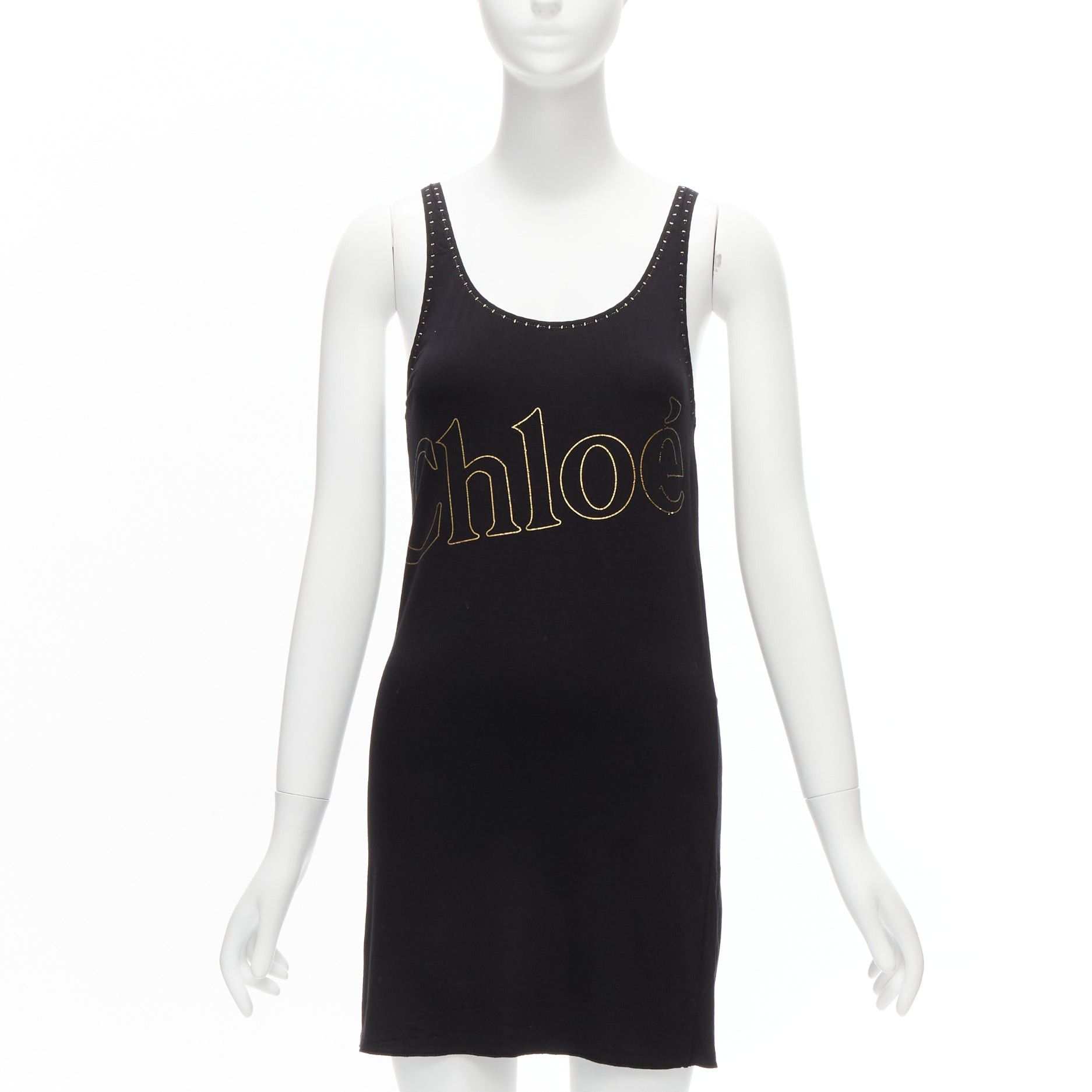 Chloe CHLOE gold foil logo black topstitch detail rock chic tank top dress S Size S / US 4 / IT 40 - 1 Thumbnail