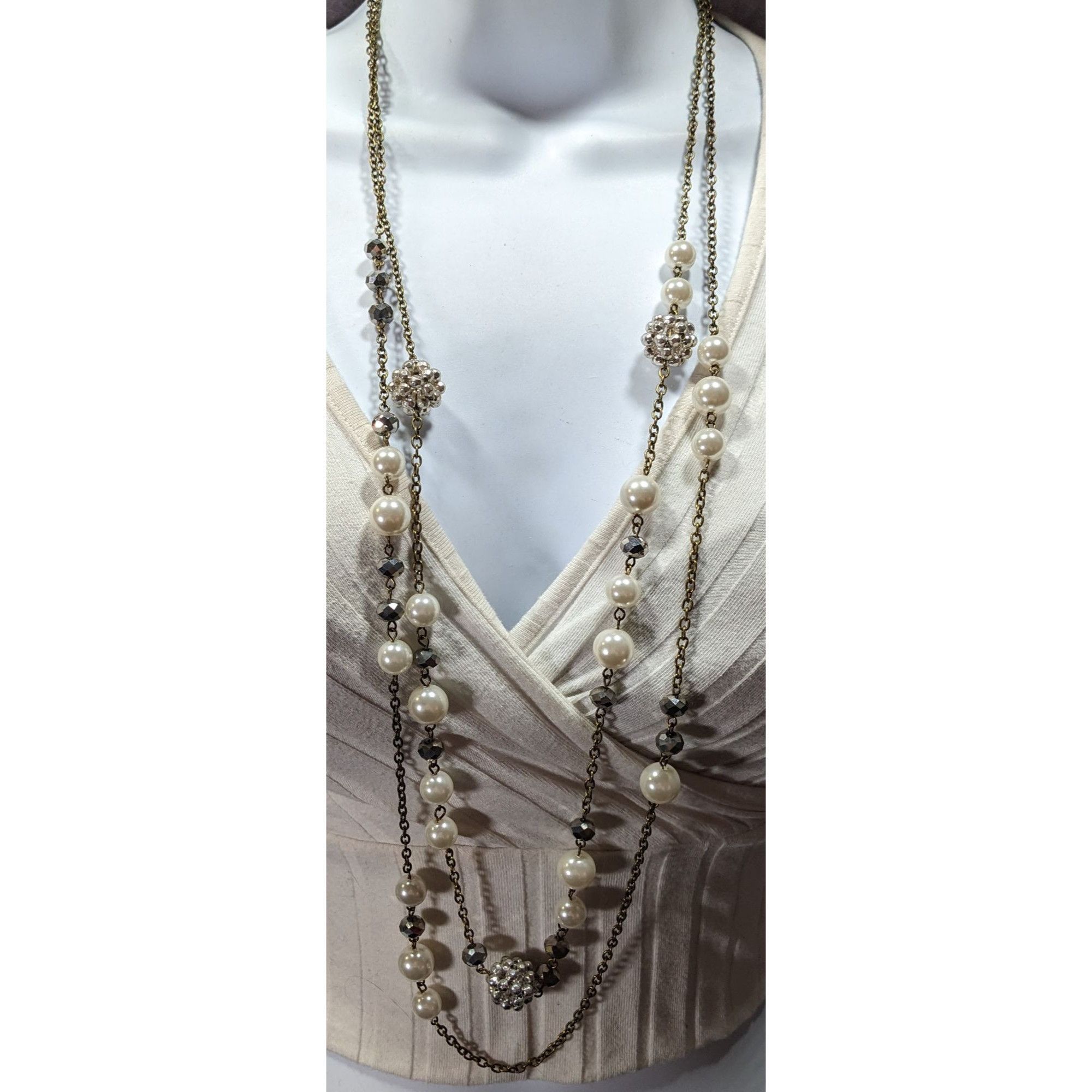 Other Vintage Traci Lynn Faux Pearl Rhinestone Layered Necklace Size ONE SIZE - 2 Thumbnail