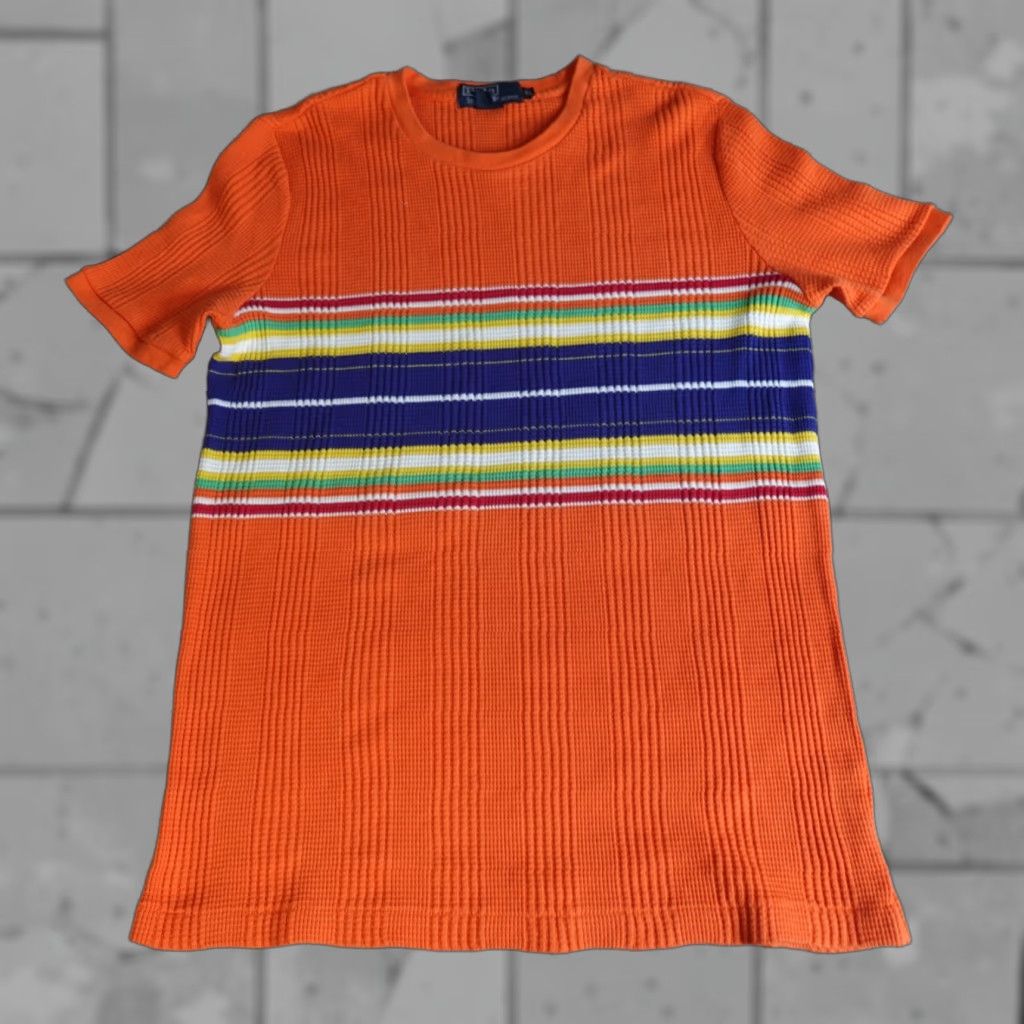 Polo Ralph Lauren VINTAGE Polo Ralph Lauren Mens Shirt L Orange Striped Knit Short Sleeve Crew Neck Ribbed Waffle Polo Ralph Lauren Shirt Size US L / EU 52-54 / 3 - 1 Thumbnail