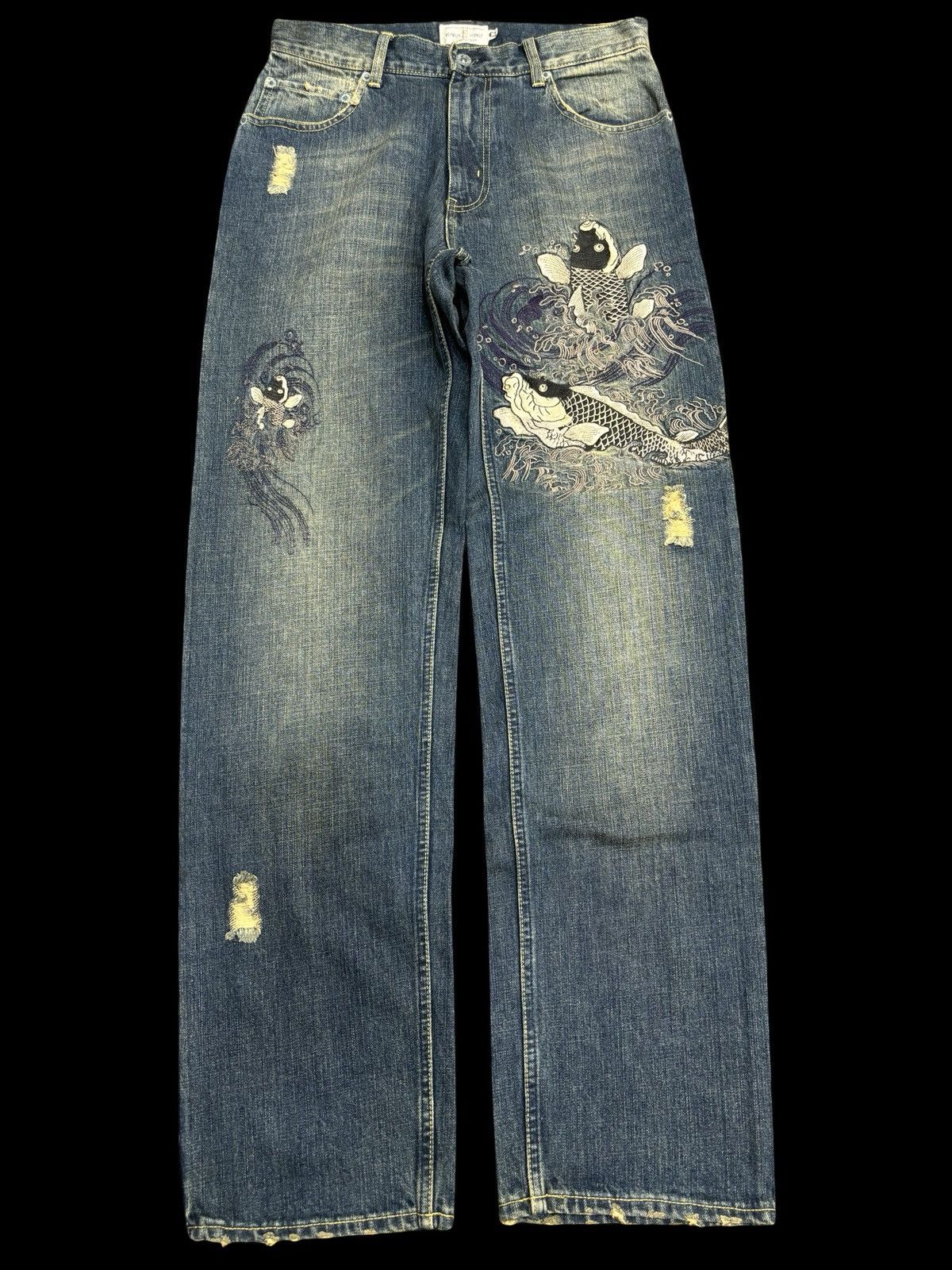 Japanese Brand 💥KARAKURI TAMASHI Koi Fish Embroided Distressed Denim F551 Size US 31 - 1 Thumbnail