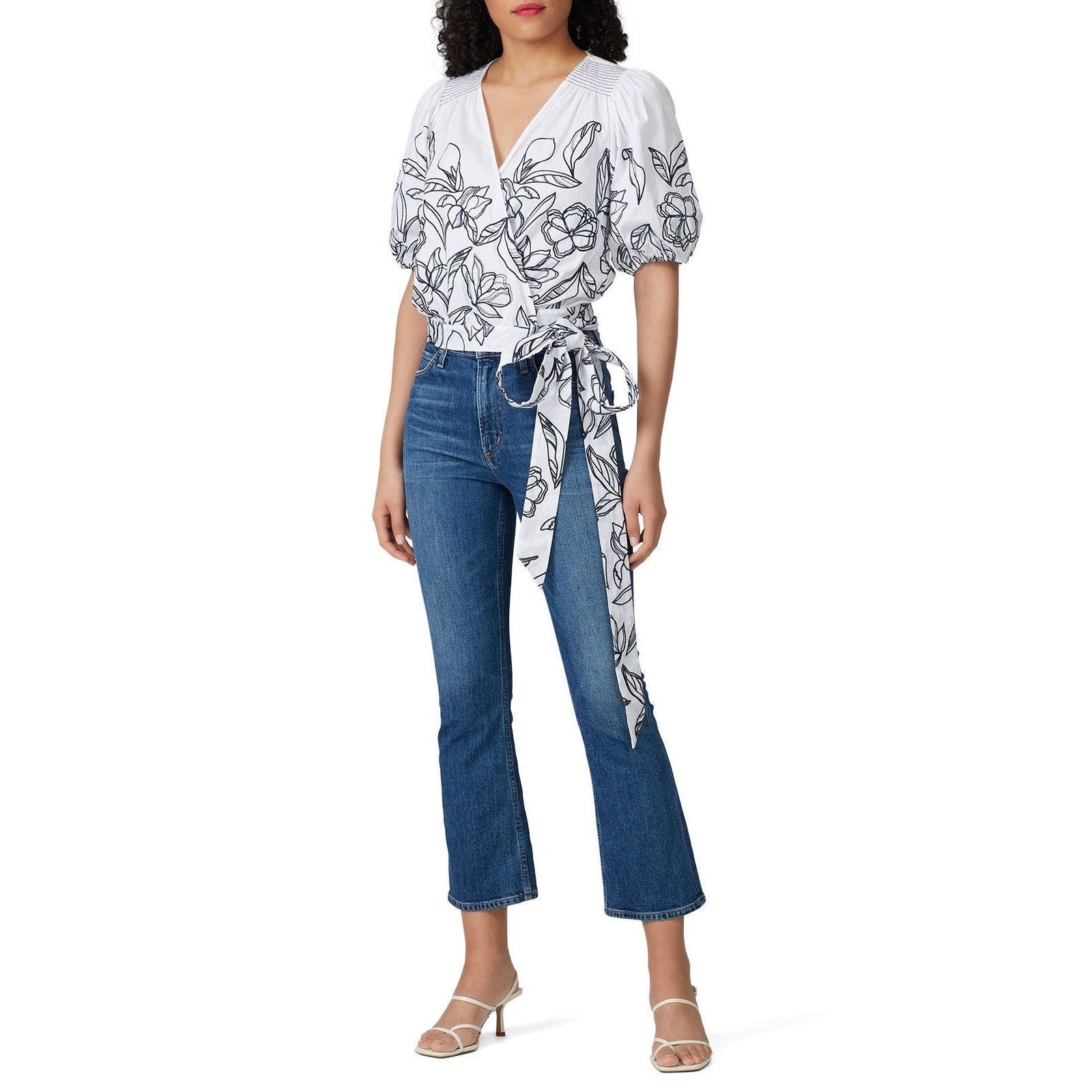Tanya Taylor Tanya Taylor 4 White Blue Leiria Floral Tie Waist Wrap Top Size S / US 4 / IT 40 - 2 Thumbnail