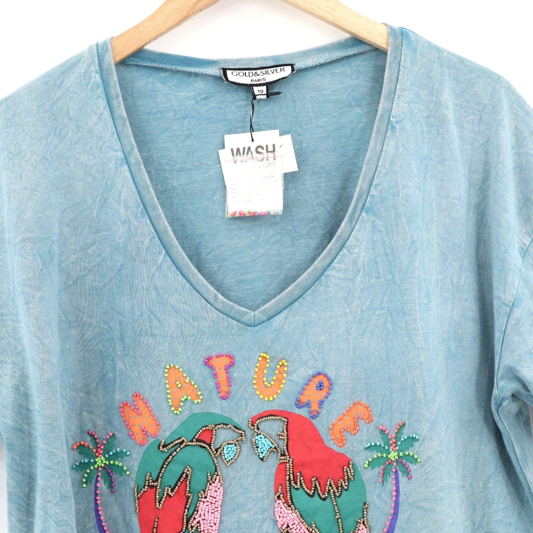 Vintage Gold & Silver Paris Beaded Embroidered Parrot V-Neck Tee One Size Womens Shirt TSU NEW Size ONE SIZE - 3 Thumbnail