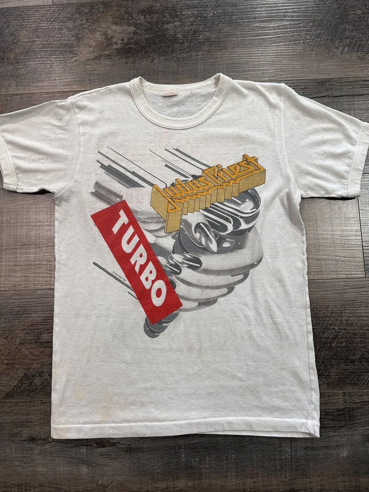 image of Band Tees Vintage 80’S Judas Priest Turbo T-Shirt in White, Men's (Size Medium)