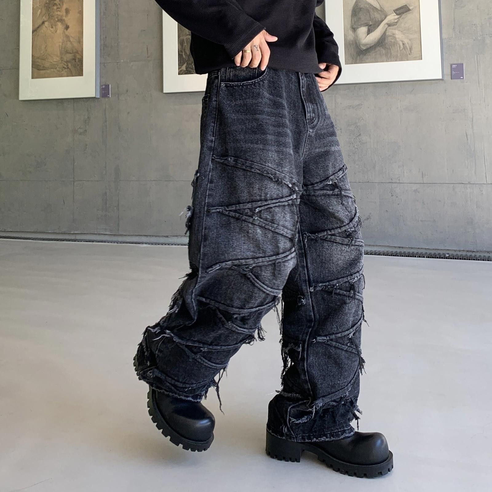 Black Distressed Wide Leg Jeans, Baggy Denim Pants