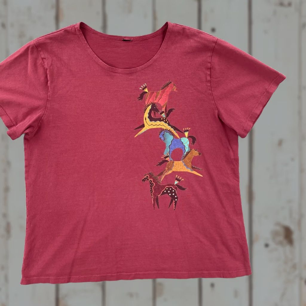 Vintage VINTAGE Red Short Sleeve T Shirt Petroglyph Horse Graphic Print 90s Womens L Size L / US 10 / IT 46 - 1 Thumbnail