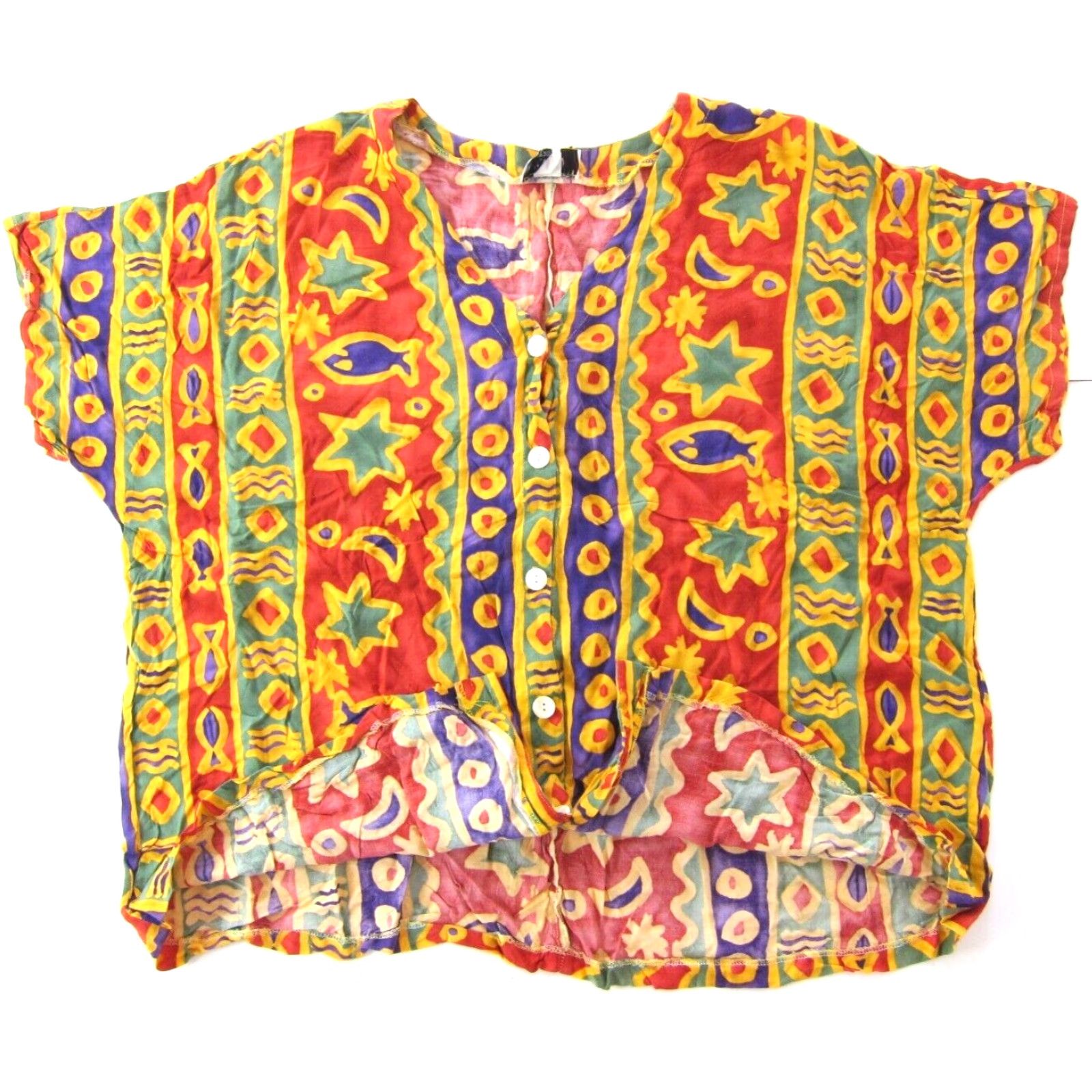 Vintage Vivoli Rayon Blouse 2X Button Down Short Sleeve V-Neck Floral Fish Tunic Blouse Womens Vintage USA 56" bust 2X Orange Yellow Purple Green Size XXL / US 16-18 / IT 52-54 - 4 Thumbnail