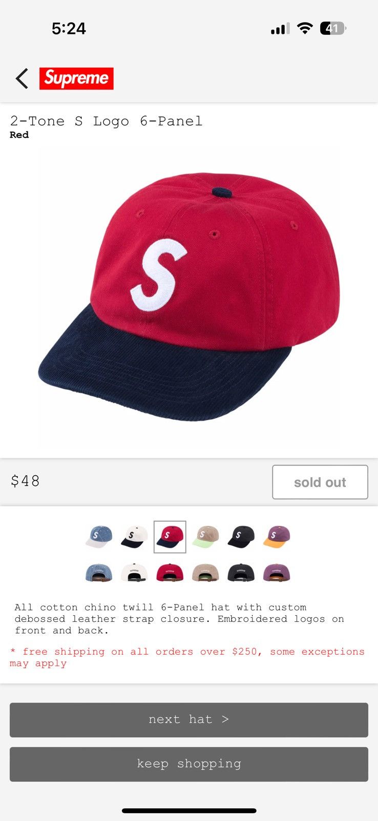 image of Supreme 6 Panel Hat 2 Tone S Logo Red, Men's