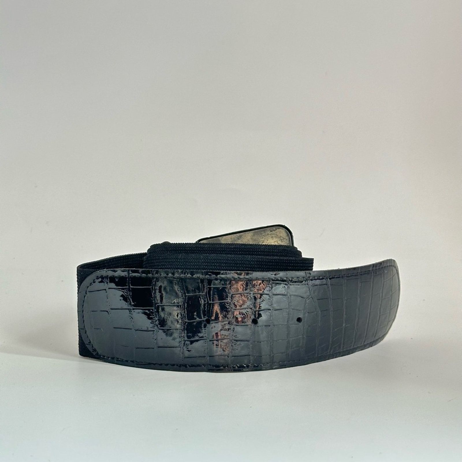 Vintage Vintage 80’s Black Faux Croc Shiny Buckle Stretch Belt Size ONE SIZE - 4 Thumbnail