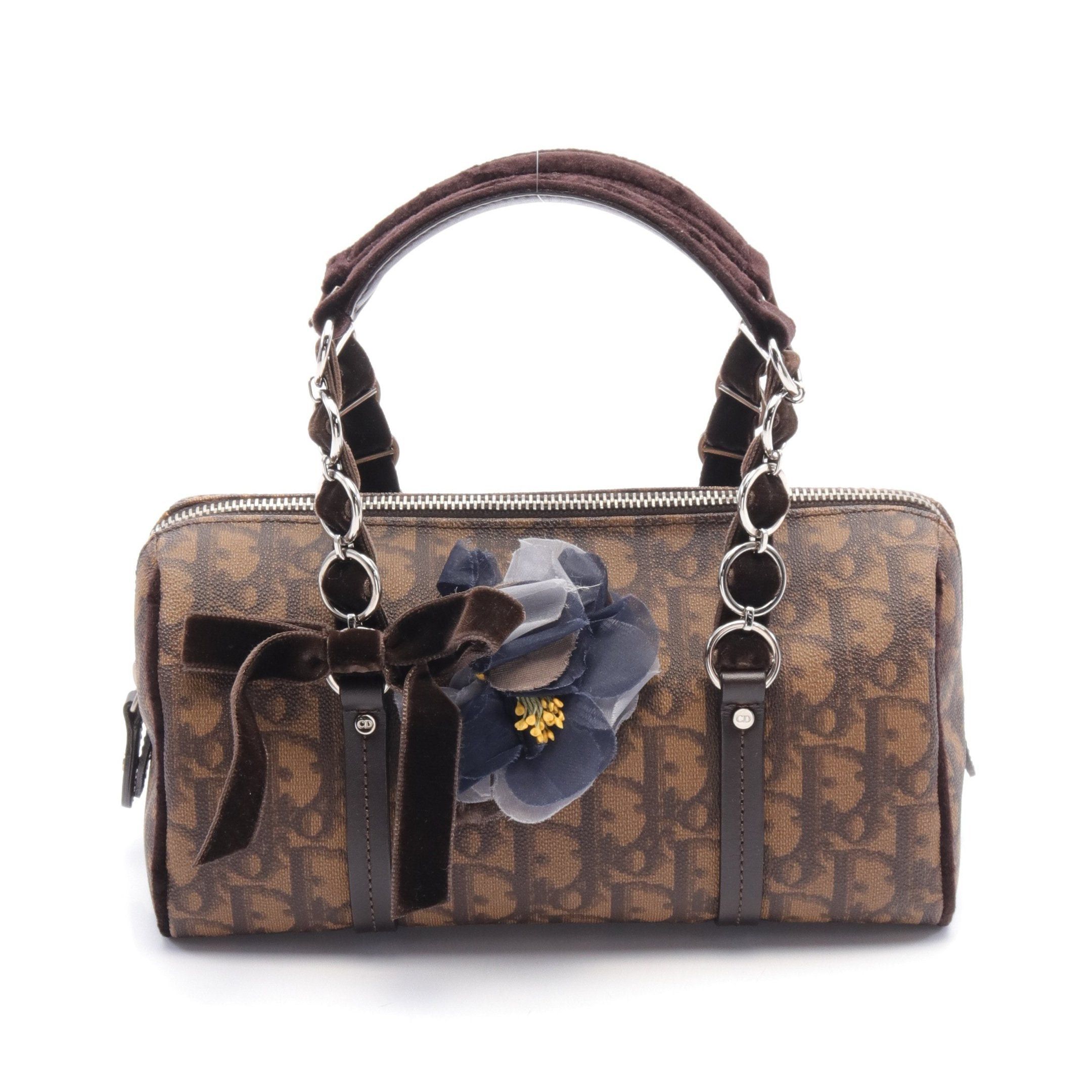 Dior Dior Oblique Handbag Mini Boston Bag Flower Motif Velor Brown Dark Size ONE SIZE - 1 Thumbnail