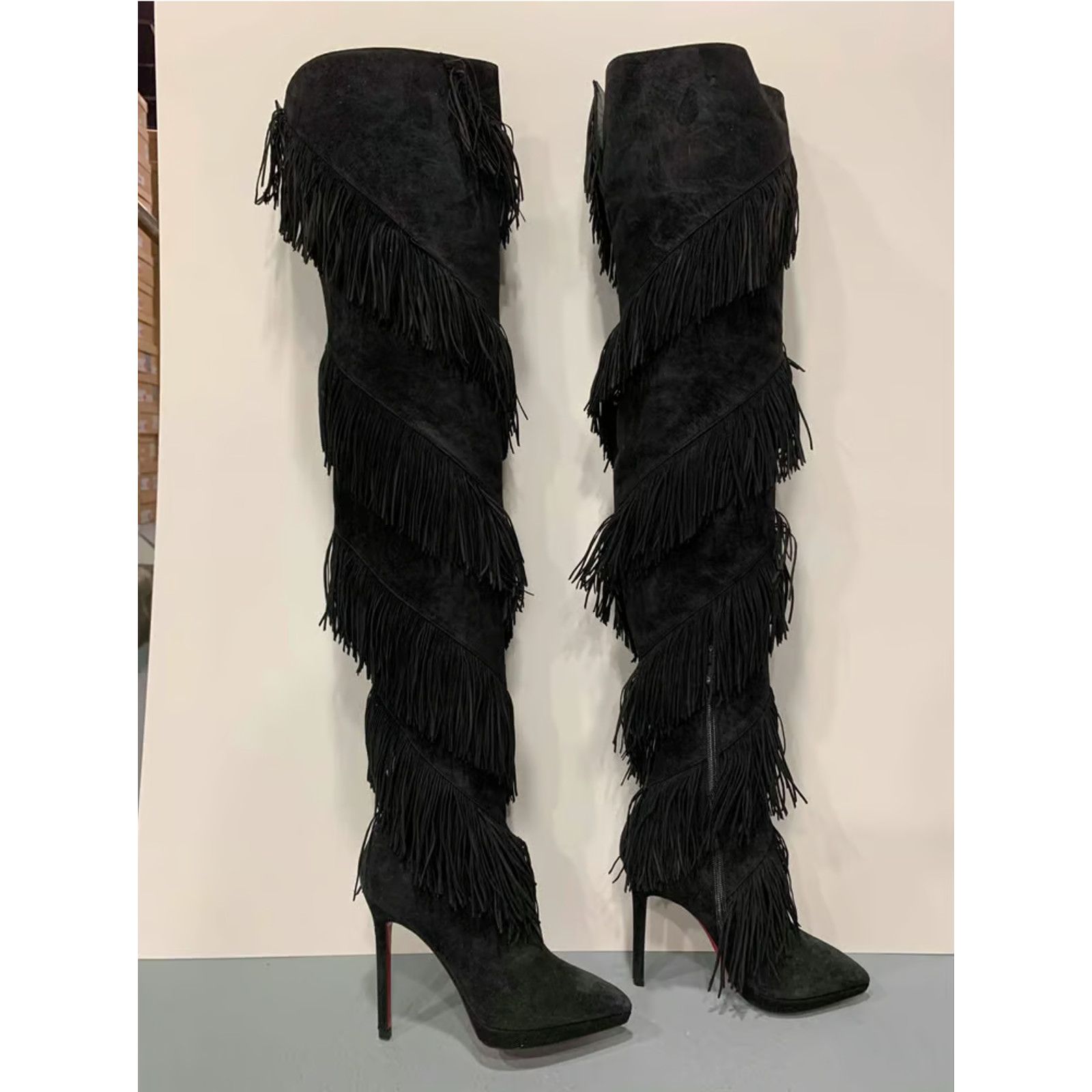 Christian Louboutin Christian Louboutin Bolcheva 120 Black Fringe Thigh High OTK Size US 6.5 / IT 36.5 - 4 Thumbnail