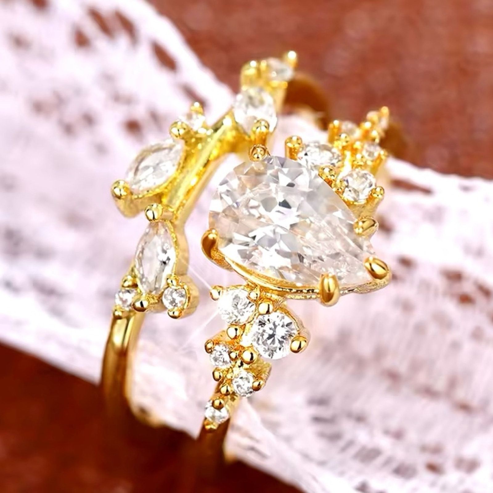 Other Pear Cubic Zirconia Set Rings for Women Exquisite Leaf Size ONE SIZE - 5 Thumbnail