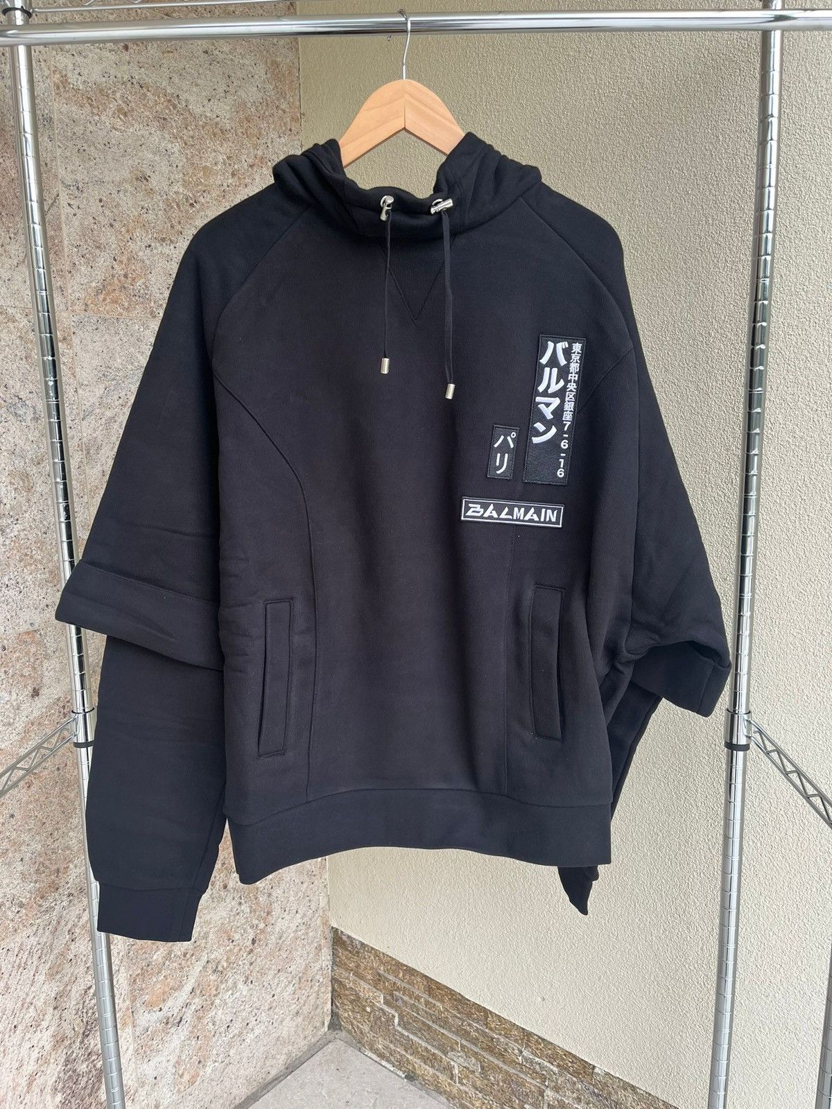 Balmain Layered Sleeve Tokyo Embroidered Logo Hoodie in Black Size US M / EU 48-50 / 2 - 18 Thumbnail