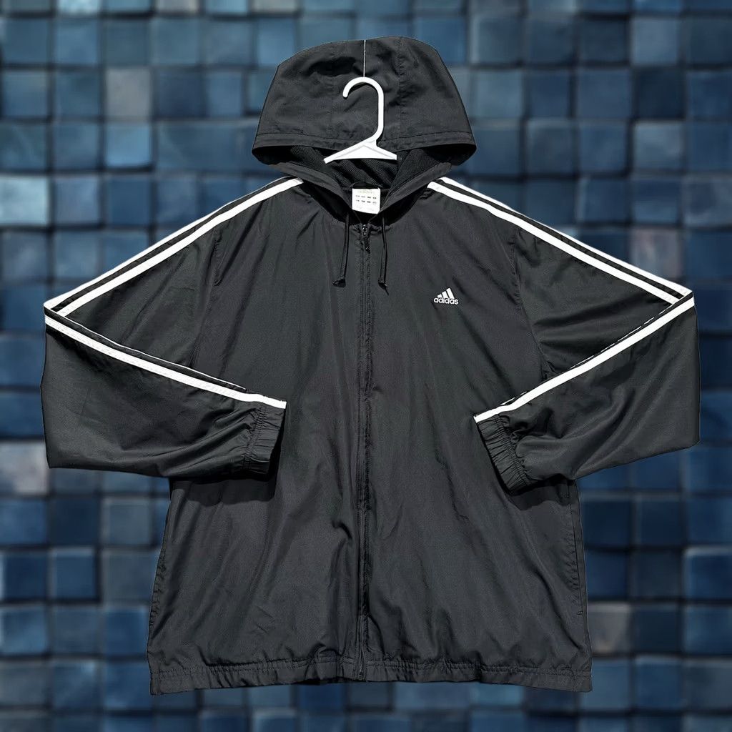 Adidas Adidas Jacket XL Black Hooded Windbreaker Full Zip White Three Stripes EUC Mens Size US XL / EU 56 / 4 - 1 Thumbnail