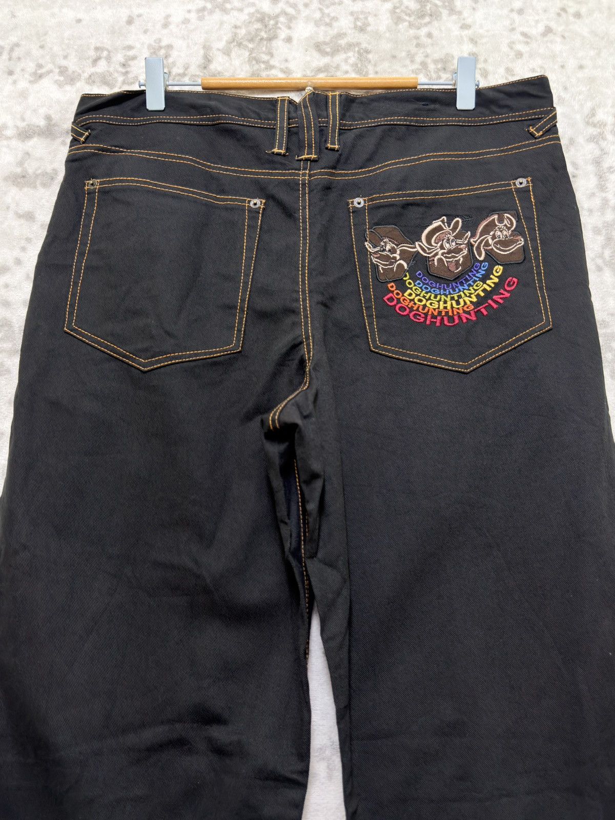 JNCO Dog Hunting Y2K Baggy Black Denim Embroidered Graphic Jeans Size US 34 / EU 50 - 8 Thumbnail