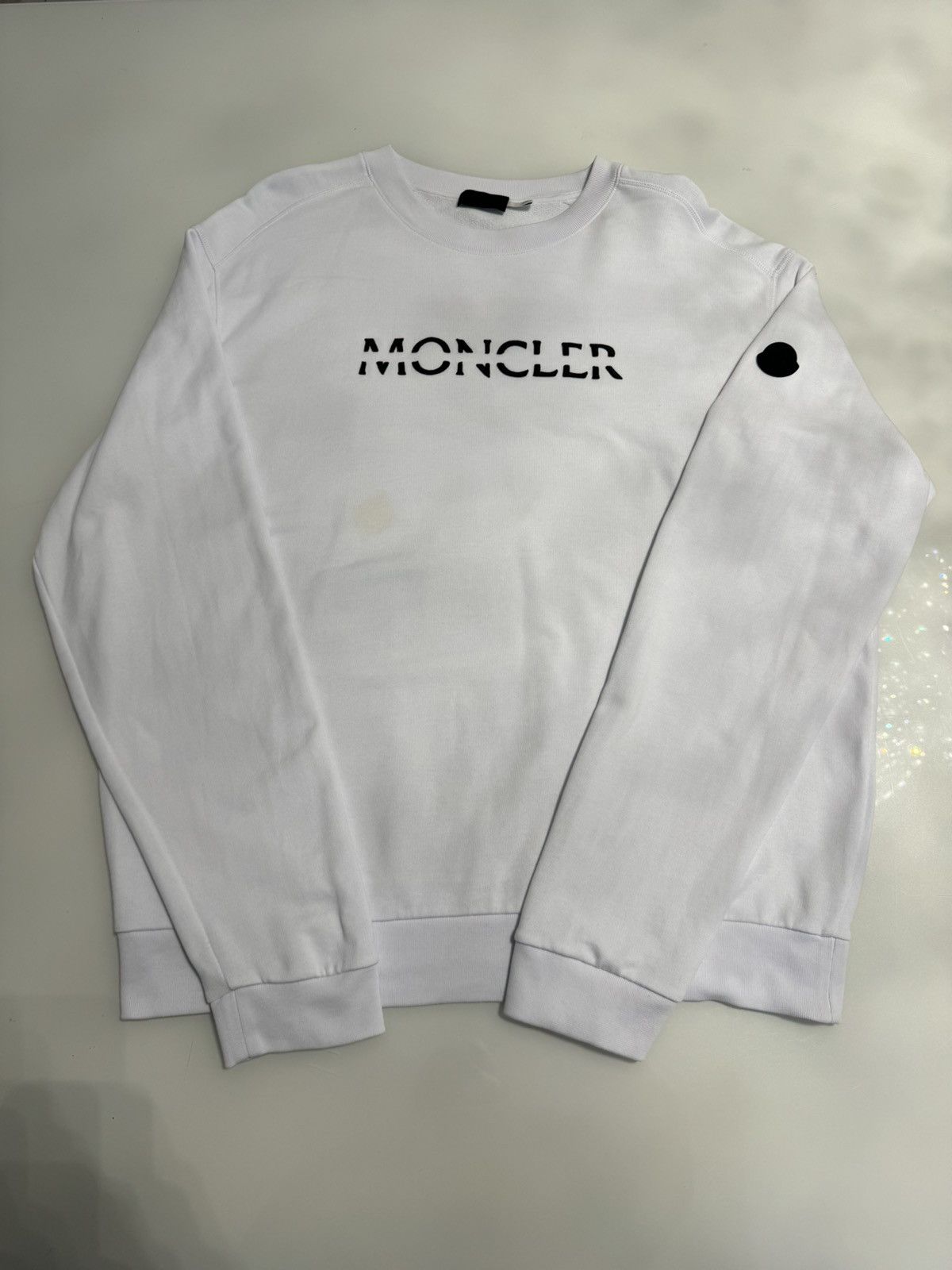 image of Moncler Split Logo Crewneck Sweater Long Sleeve White Size XL Slight Stain, Men's