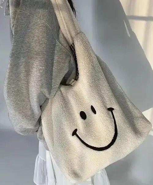 Fashion Y2K Fluffy Smiley Face Tote Messenger Bag in Beige, Men's
