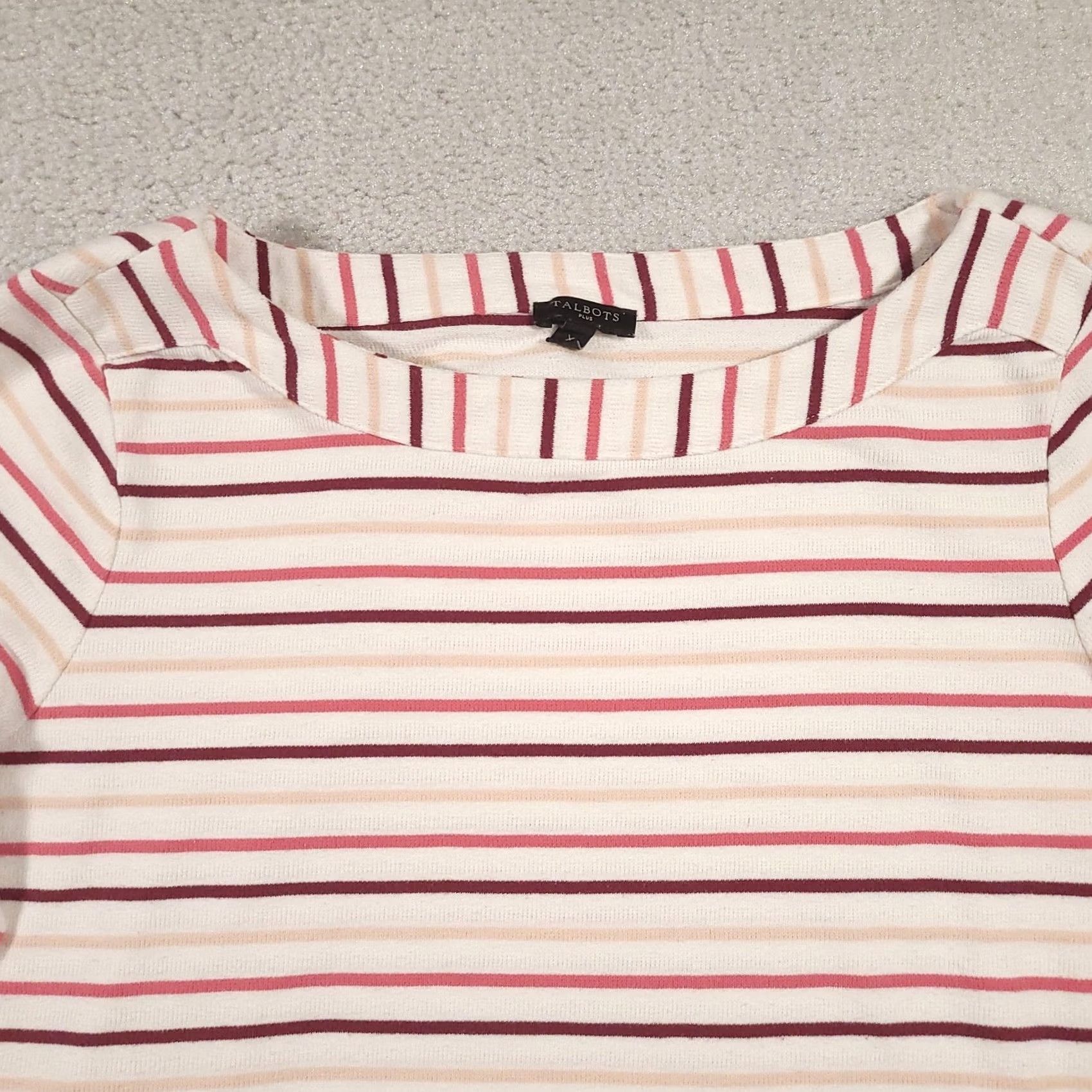 Talbots Talbots Plus Shirt Womens 14W White Pink Red Striped Boatneck Long Sleeve Size XL / US 12-14 / IT 48-50 - 3 Thumbnail