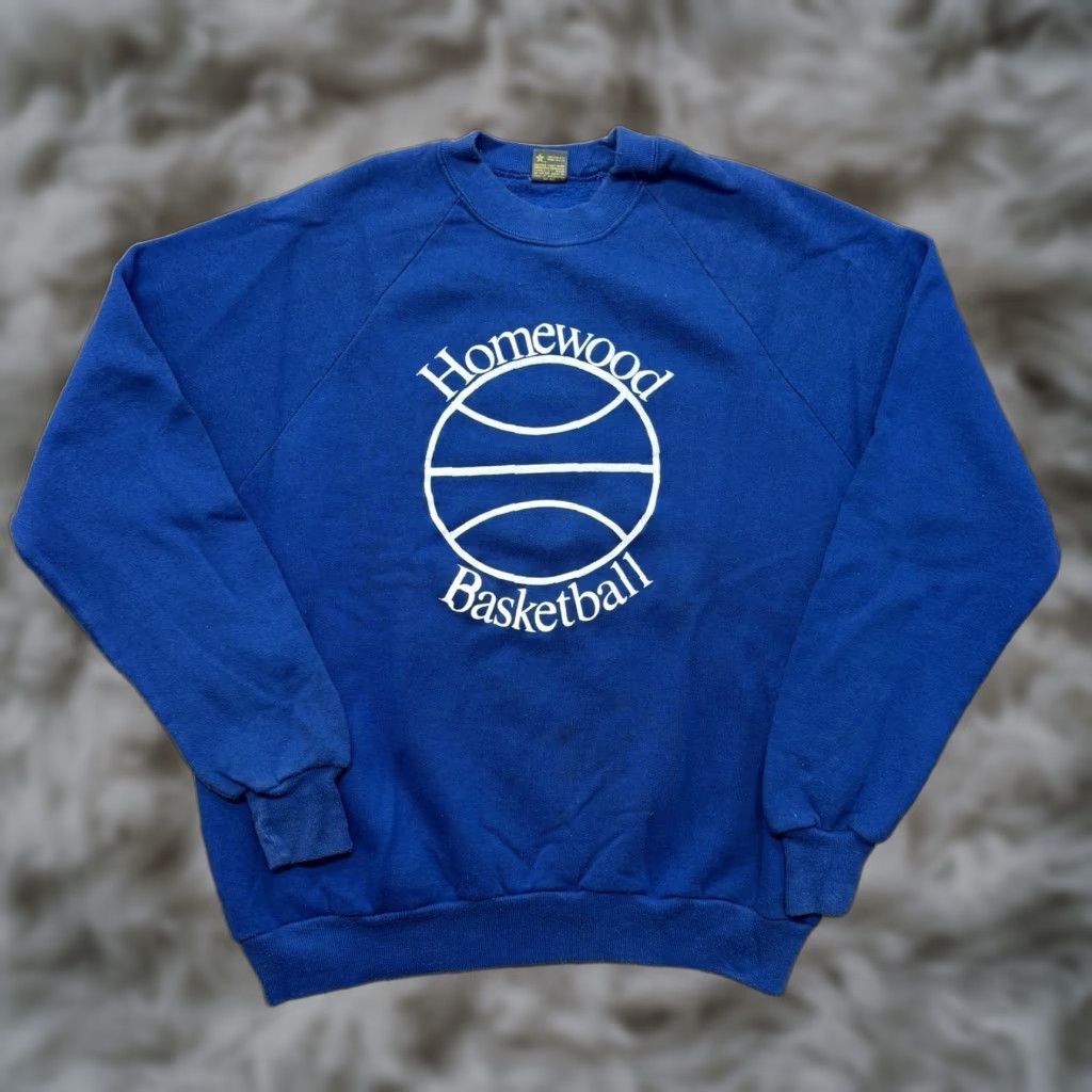Vintage VINTAGE Homewood Basketball Sweatshirt Mens L Blue Distressed 80s Alabama Graphic Print Pullover Heavyweight Cotton Blend Size US L / EU 52-54 / 3 - 1 Thumbnail
