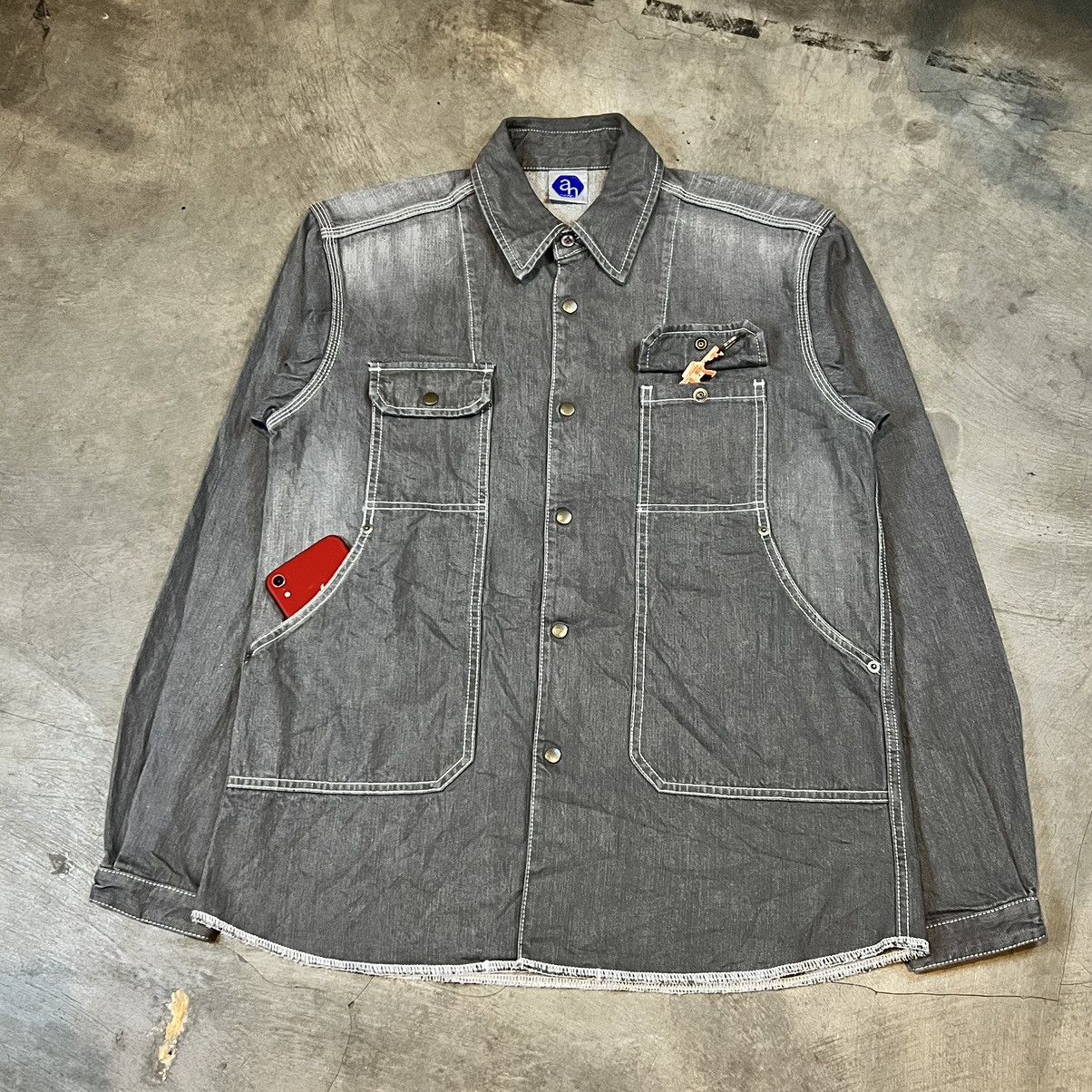 image of Abahouse Unfinished Multipocket Denim Jacket in Grey, Men's (Size Medium)