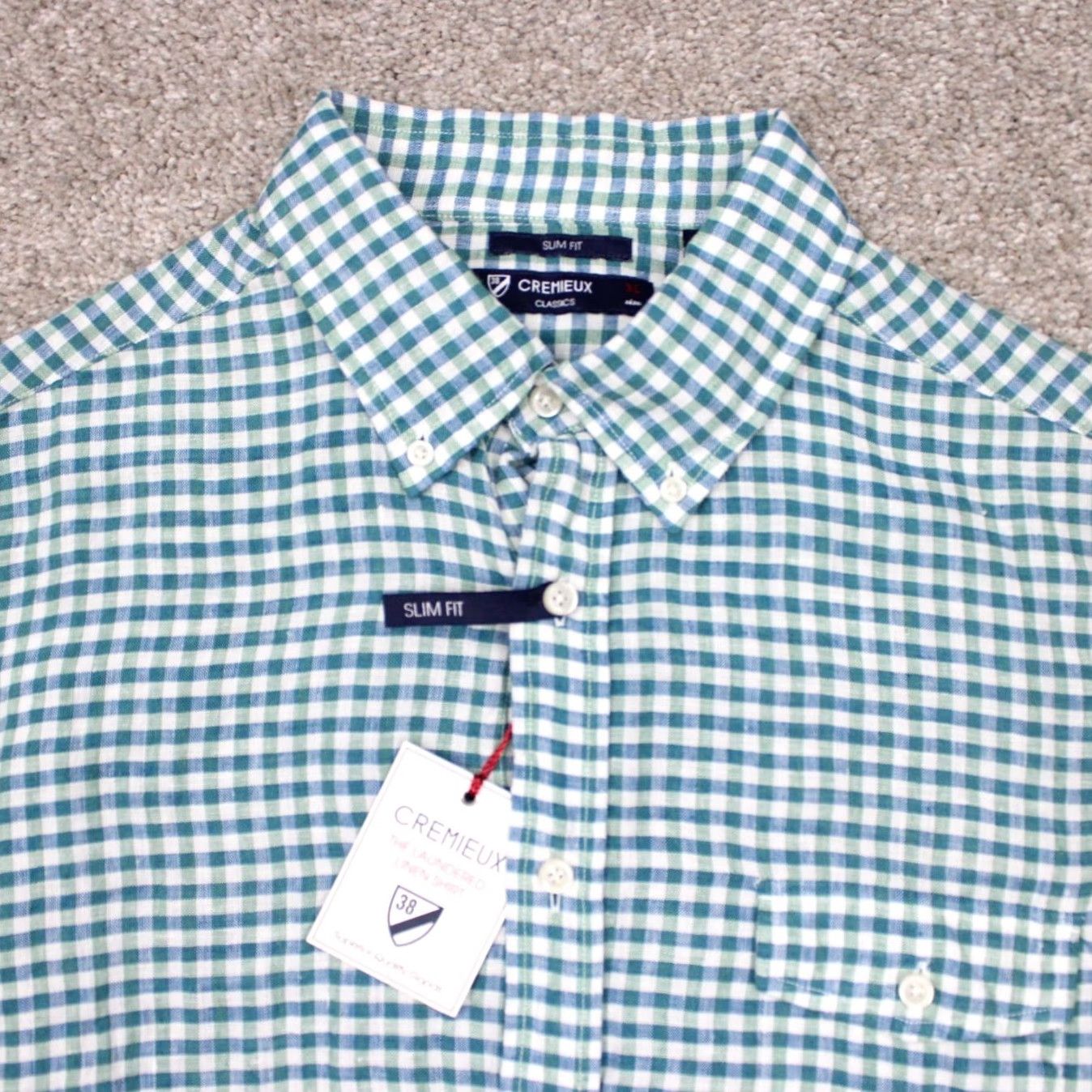 Cremieux Cremieux Long Sleeve Button-Down Shirt Mens Large Green/White Slim Fit Linen Cotton Check NWT S/S Button-Up Shirt Size US L / EU 52-54 / 3 - 5 Thumbnail