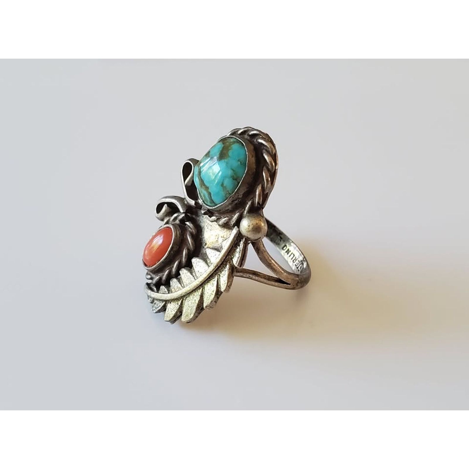 Other Vintage Turquoise and Coral Navajo Sterling Silver Ring Size ONE SIZE - 3 Thumbnail