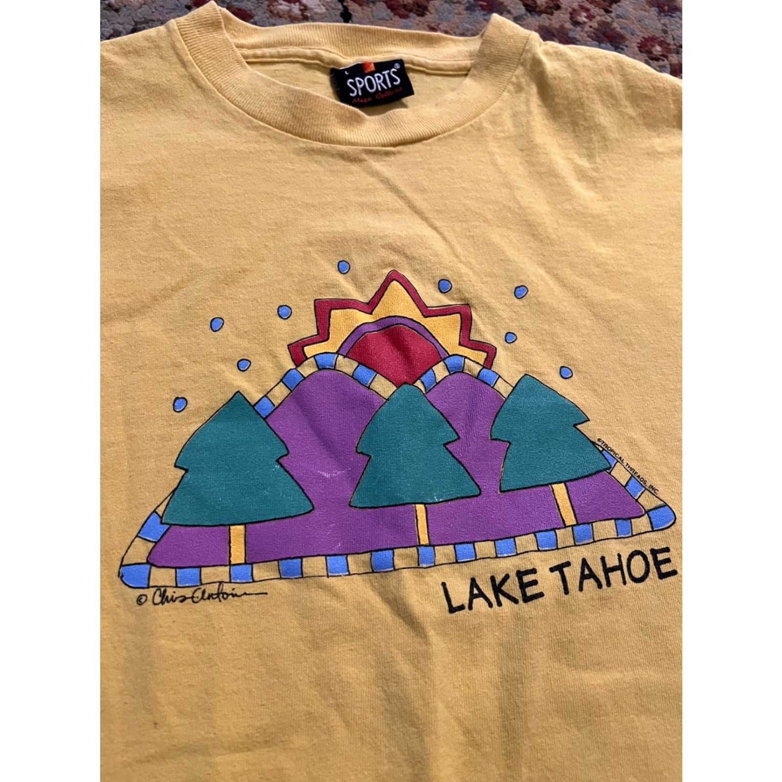 Vintage VINTAGE Chris Antoine Lake Tahoe Travel Art T Shirt Large Yellow Mens Cotton Signal Sports 1980s Art Size US L / EU 52-54 / 3 - 3 Thumbnail