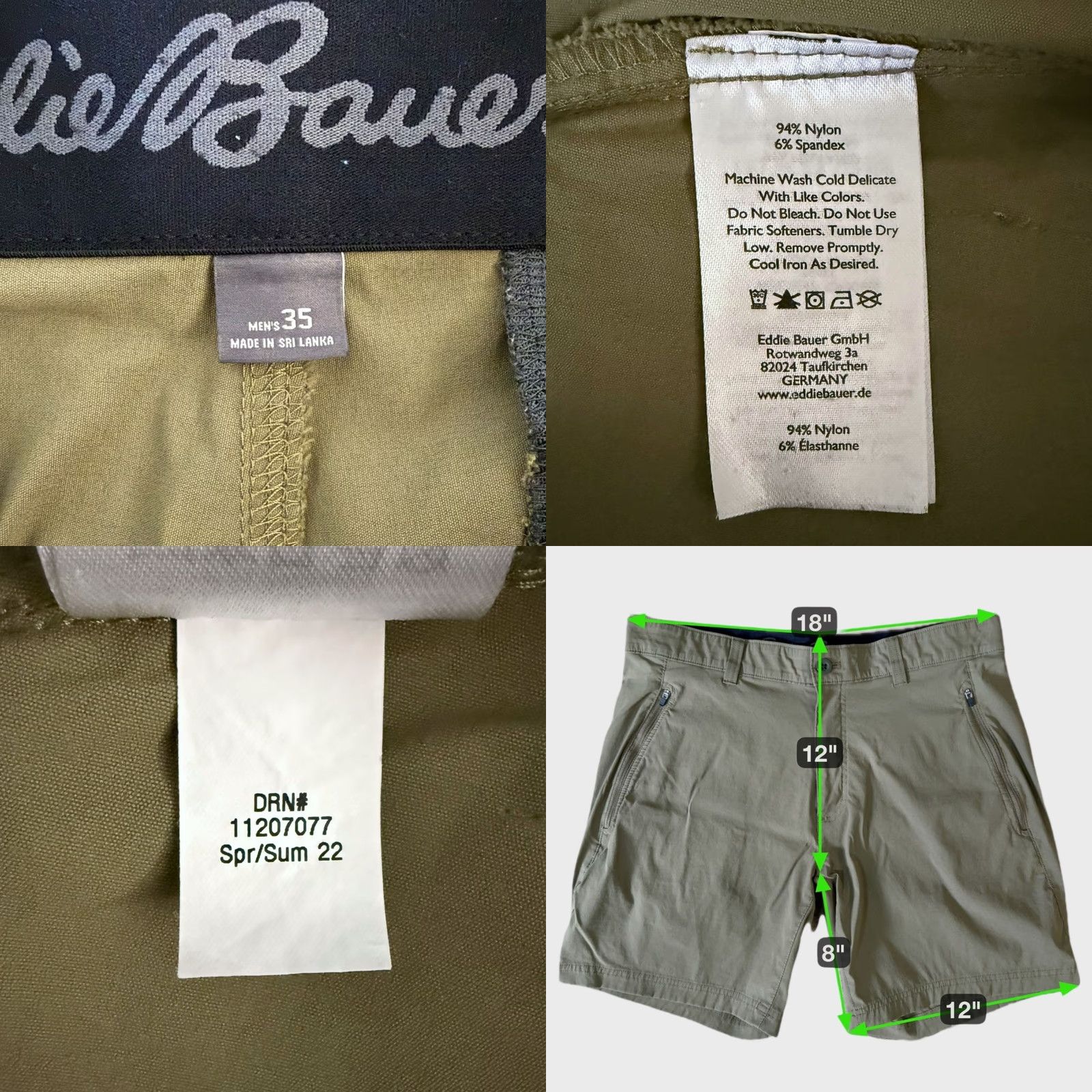Eddie Bauer Eddie Bauer Horizon Guide Wander Shorts Men's 35 Hiking Outdoors Water-Repellant Green Nylon Spandex Chino Pockets UPF-50 Summer Spring Fall Size US 35 - 8 Thumbnail