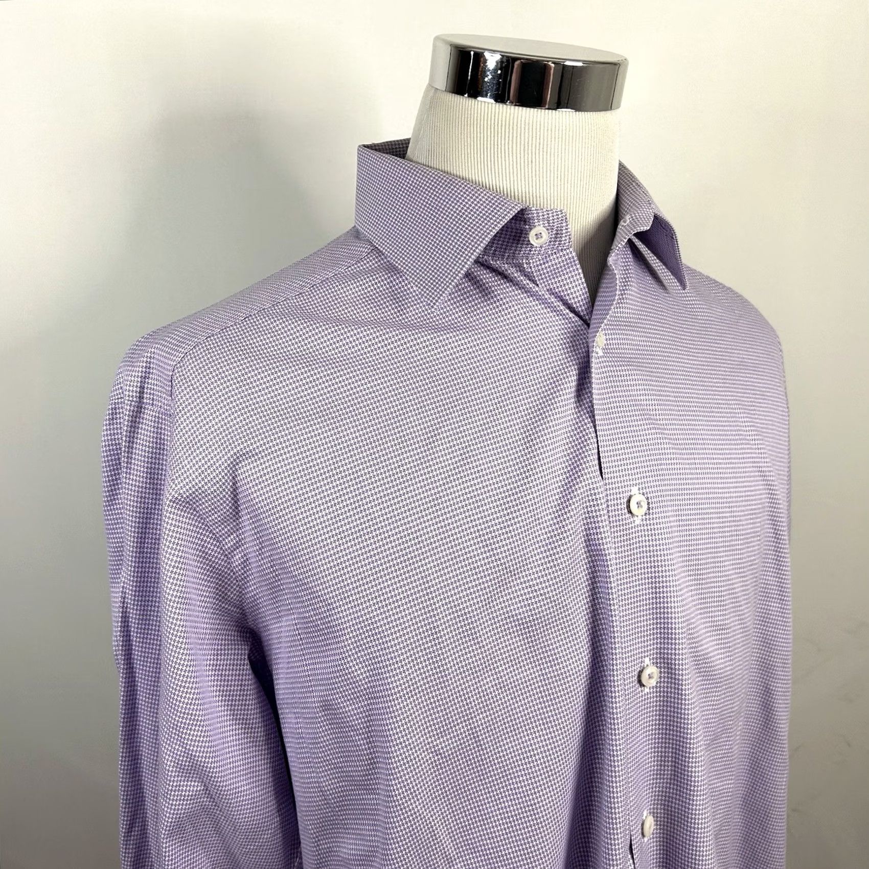 David Donahue David Donahue Dress Shirt 17 34/35 Purple Houndstooth 100% Cotton Regular Fit Mens Size 46R - 2 Thumbnail
