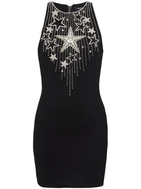 Balmain o1s1wg110825 Star Embroidered Mini Dress in Black Size L / US 10 / IT 46 - 1 Thumbnail