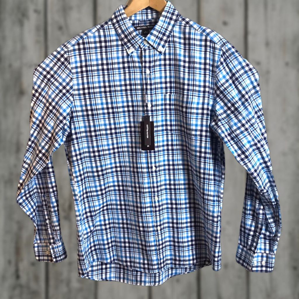 Michael Kors Shirt Mens XL Blue Plaid Print Cotton Rayon Slim Fit Long  Sleeve Button-Up