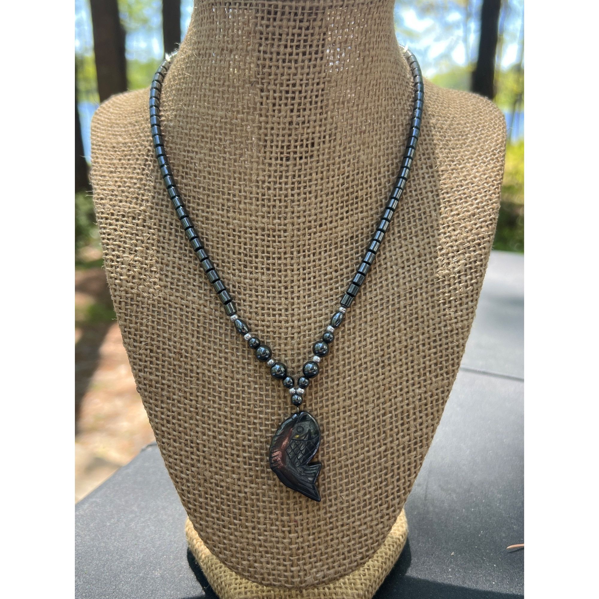 Other Hematite Gemstone Beaded Necklace With Carved Koi Fish Penda Size ONE SIZE - 1 Thumbnail