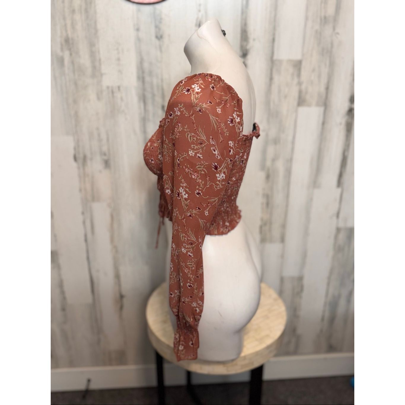 Other Papermoon Floral Long Sleeve Crop Top | Rust Smocked Ruched Size S / US 4 / IT 40 - 2 Thumbnail