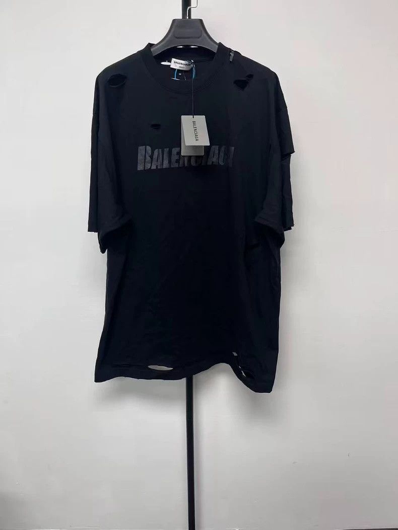 Balenciaga Letter Print Distressed Short Sleeve T-shirt