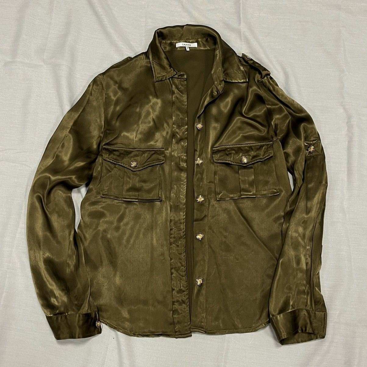 Ganni Khaki green Ganni satin button-up shirt Size M / US 6-8 / IT 42-44 - 1 Thumbnail