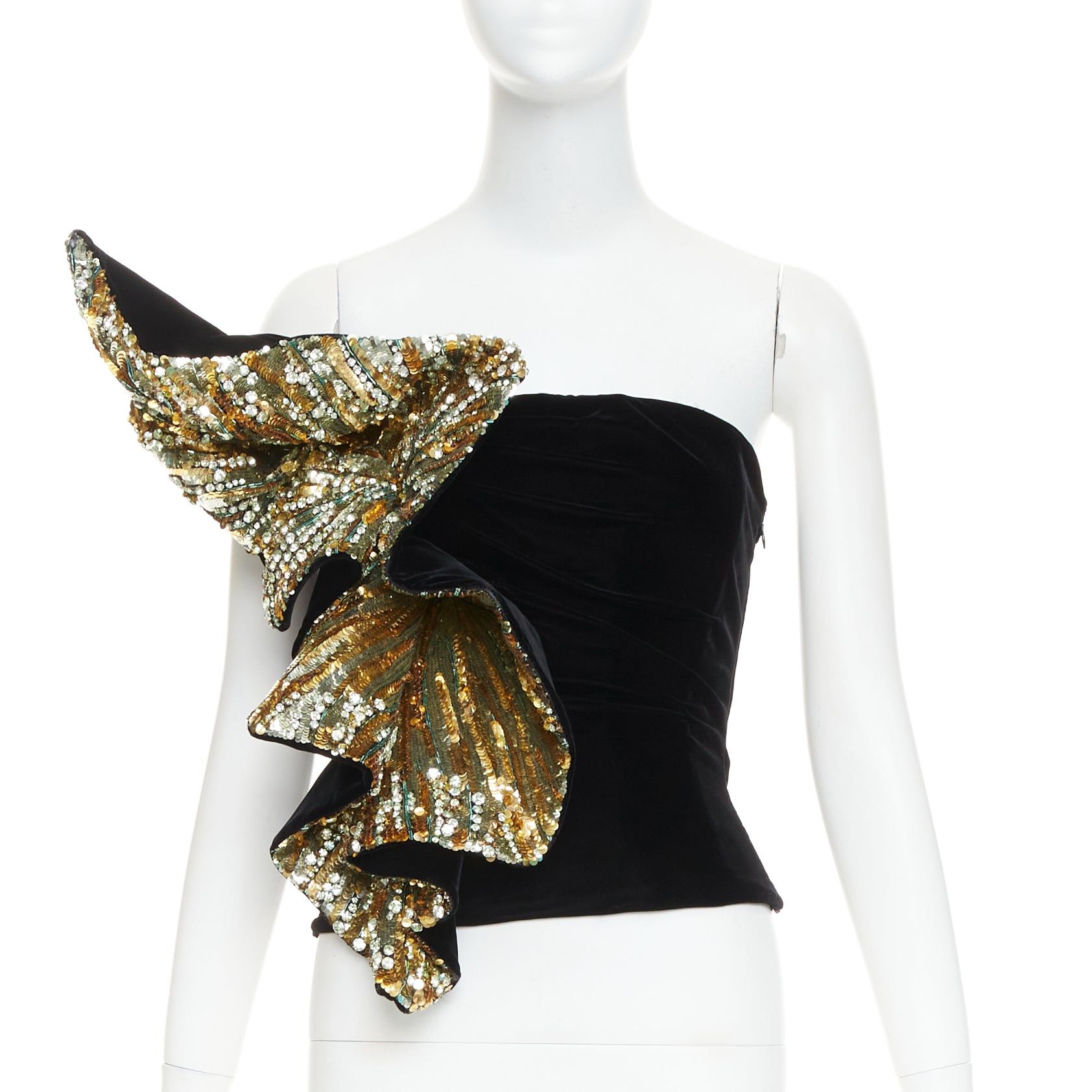 Alexandre Vauthier rare ALEXANDRE VAUTHIER COUTURE AW2017 Runway Maison Lesage gold sequin crystals bead embellished ruffle velvet top Size S / US 4 / IT 40 - 1 Thumbnail