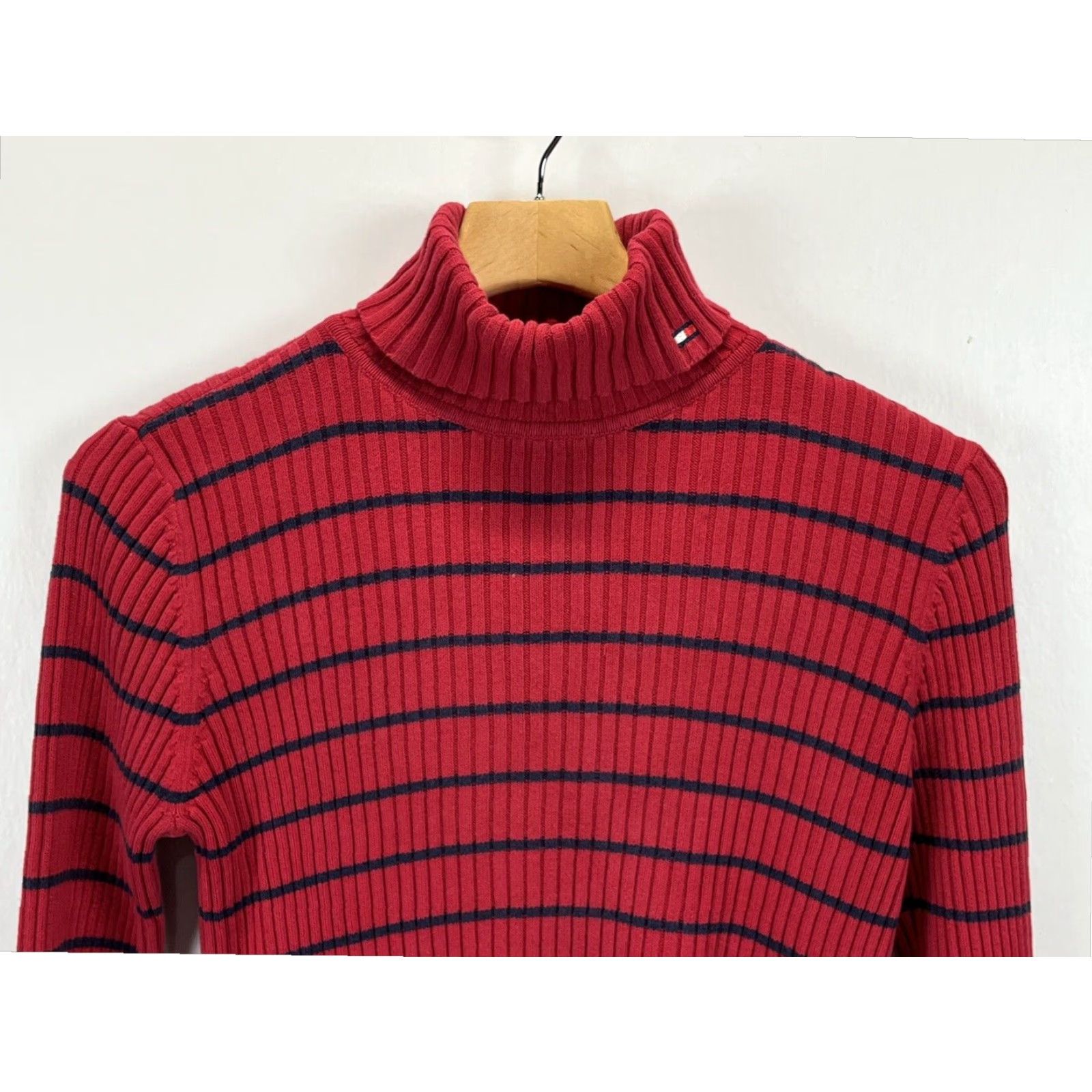 Tommy Hilfiger VINTAGE Tommy Hilfiger Sweater Long Sleeve Turtleneck Striped Red Womens Large 90s Size L / US 10 / IT 46 - 3 Thumbnail