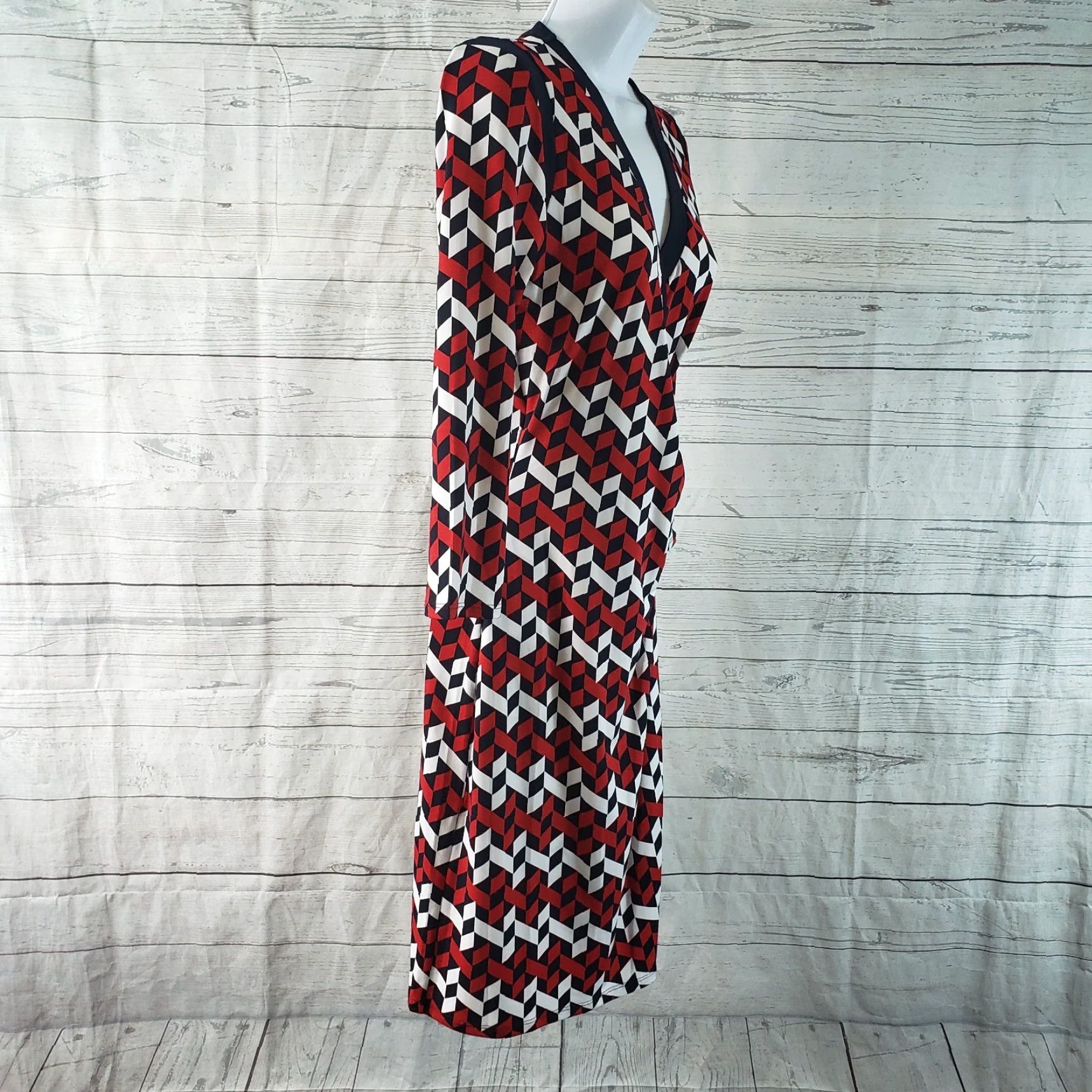 Vintage 41 Hawthorn Womens Faux Wrap Dress XS Red White Geometric 3/4 Sleeve Size XS / US 0-2 / IT 36-38 - 3 Thumbnail