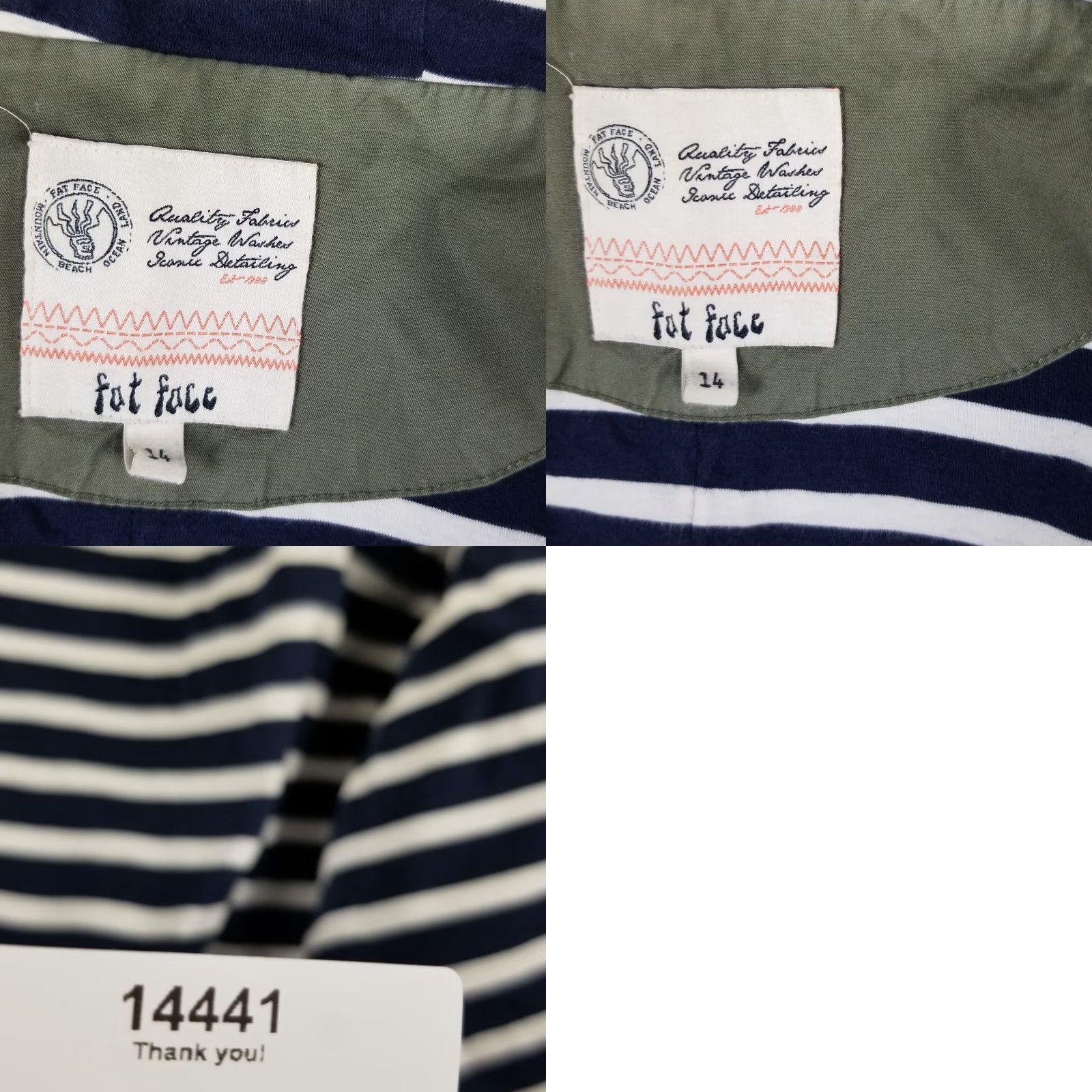 FatFace VINTAGE Fat Face Women's Jacket Overcoat Military Canvas Hooded Striped Green Size 14 Size XL / US 12-14 / IT 48-50 - 8 Thumbnail