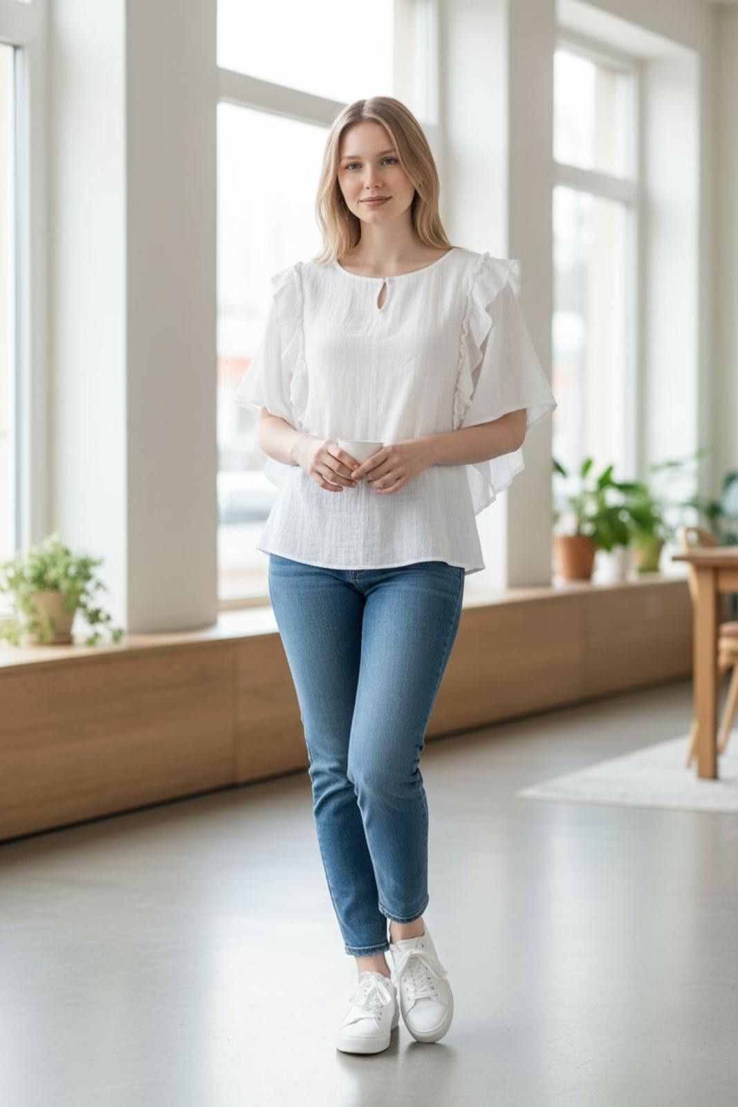 Other Favlux White Ruffle Sleeve Blouse - Women's Casual Top Size M / US 6-8 / IT 42-44 - 1 Thumbnail
