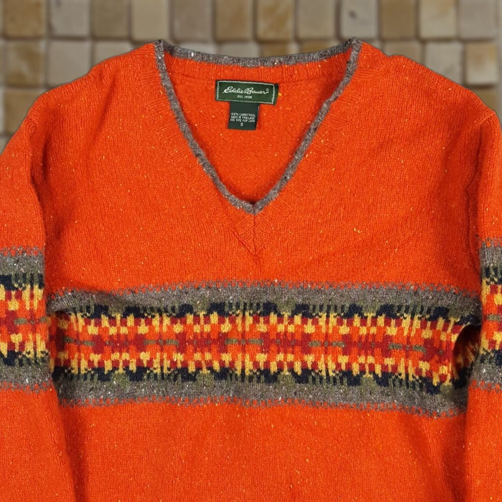 Eddie Bauer VINTAGE Eddie Bauer 100% Lambs Wool Aztec V-Neck Women's Size S Knit Pullover Sweater Orange Knit Pullover 90s Southwestern Womens Size S / US 4 / IT 40 - 1 Thumbnail