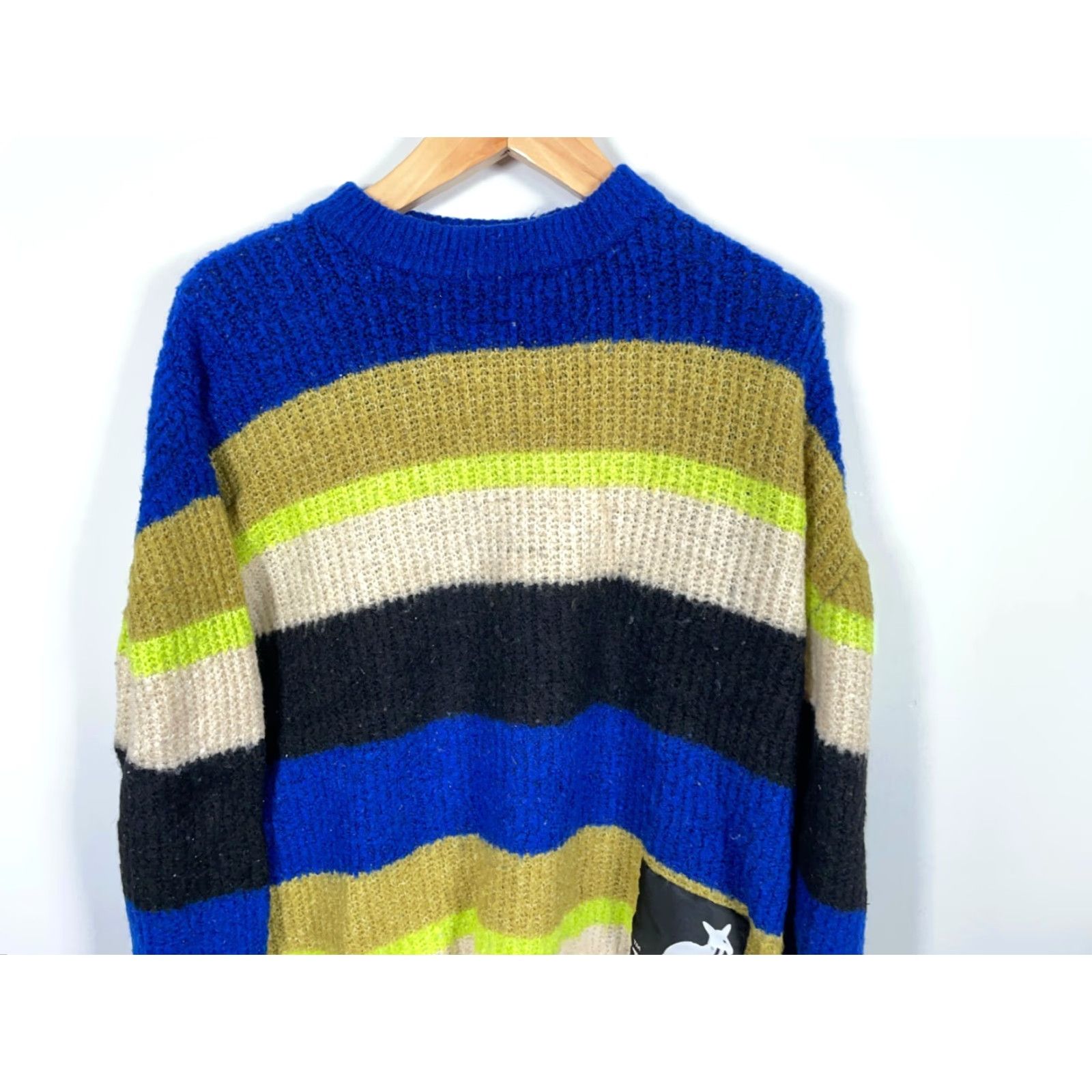 H&M Kangol x H&M Sweater Women's Medium Beige Blue Striped Oversized Chunky Knit Pullover Crew Neck Casual 90s Hipster Retro Womens Size M / US 6-8 / IT 42-44 - 4 Thumbnail