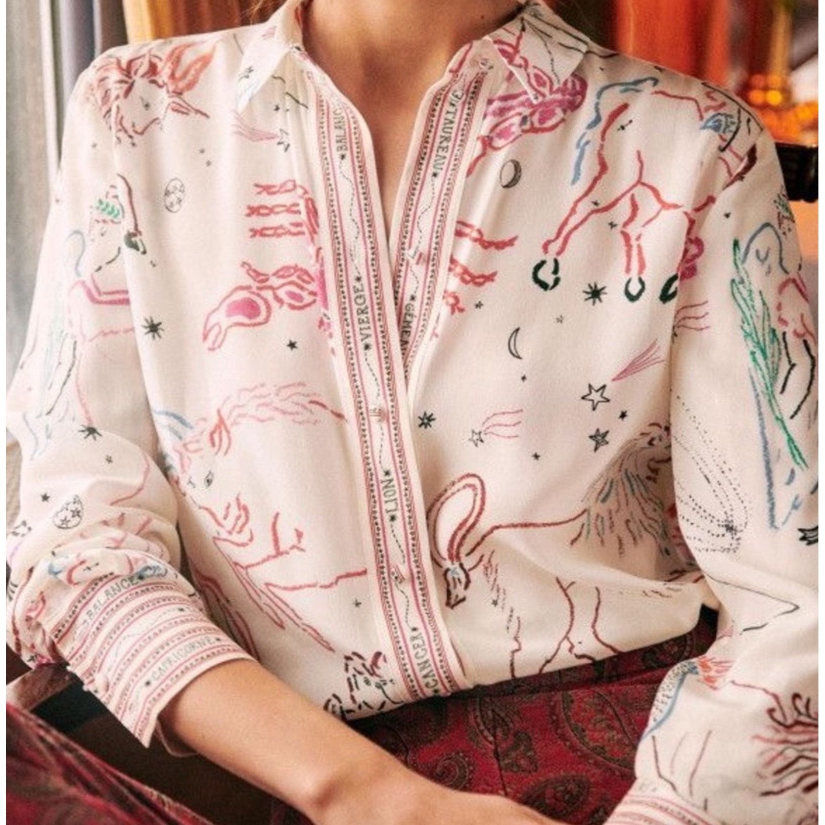 image of Sezane Ann Silk Shirt Zodiac Multicolor Pink Blue Red, Women's (Size Medium)