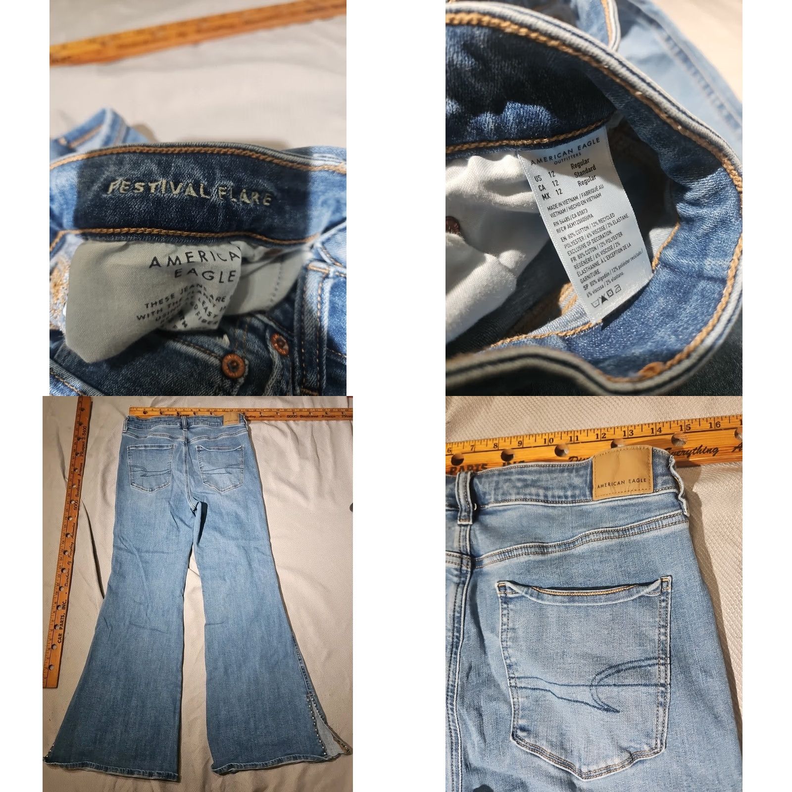 American Eagle Outfitters American Eagle Jeans Womens 12 Blue Festival Flare Slit Studded Denim Pants Mens? Size 34" / US 12 / IT 48 - 9 Thumbnail