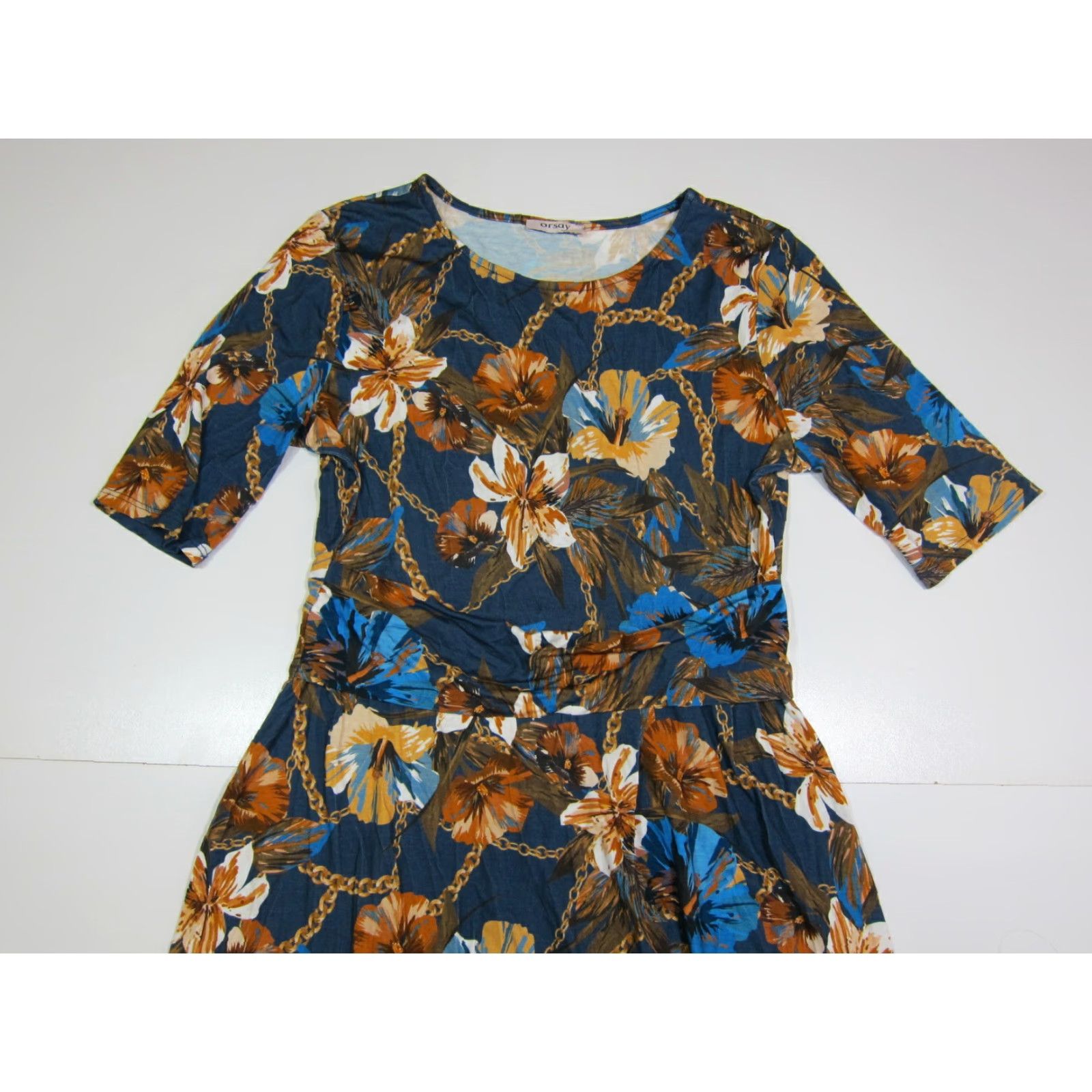 Vintage Orsay Floral Maxi Sundress Women 42/Large Rayon Spandex Stretch Long Dress Blue Orange Yellow Clear? Size L / US 10 / IT 46 - 3 Thumbnail