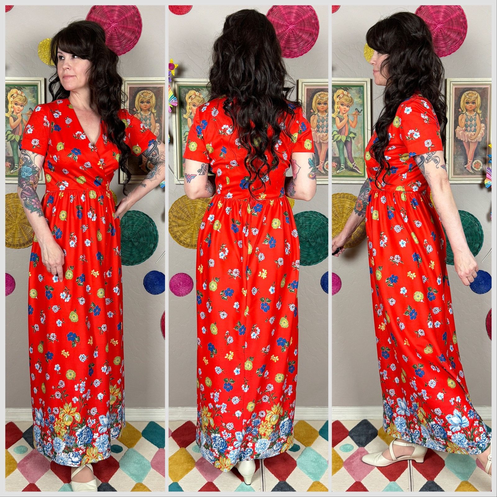 Vintage Vintage 1970s Red Floral Short Sleeve Maxi Dress Size S / US 4 / IT 40 - 2 Thumbnail